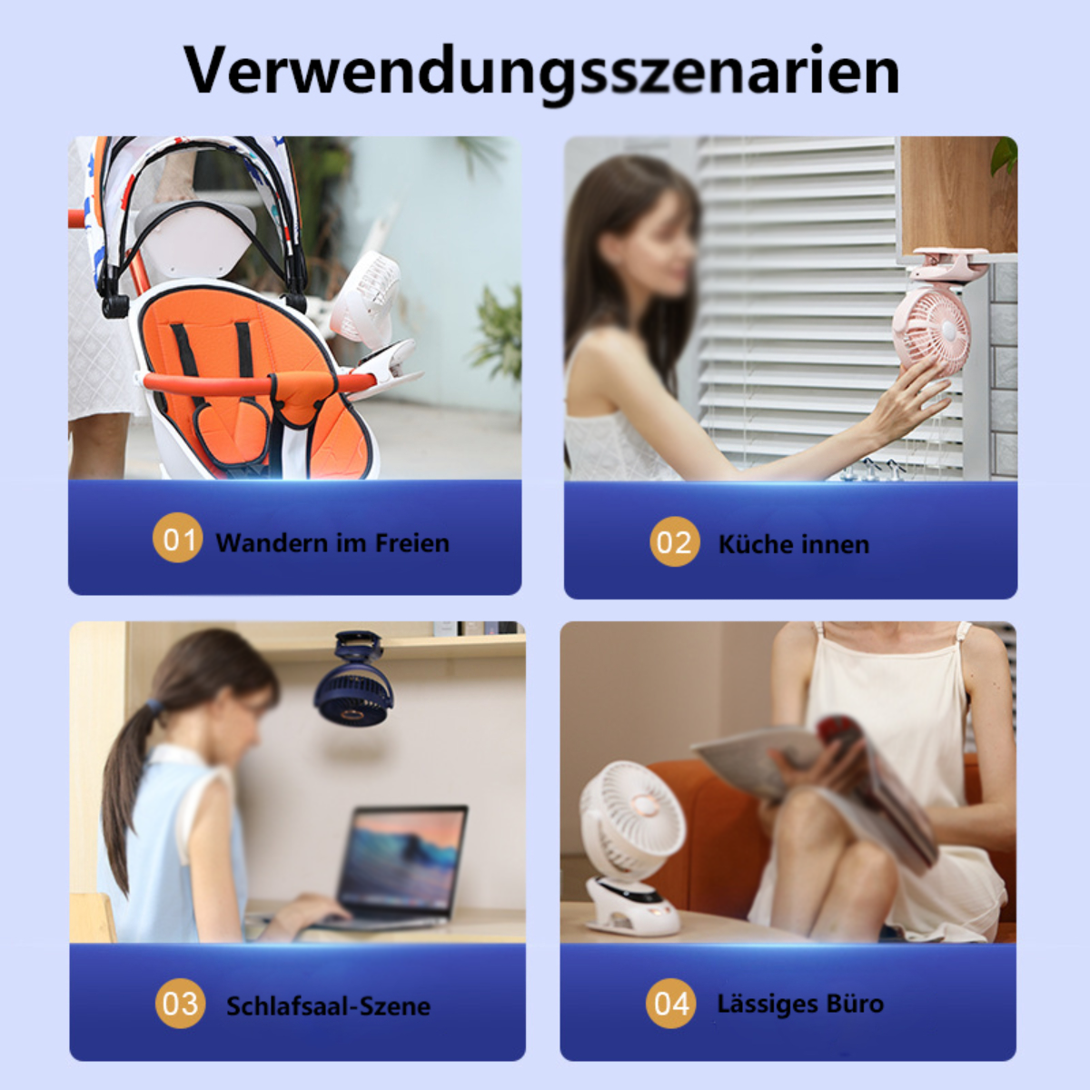 Vier Bilder, die verschiedene Anwendungen für einen Mini-Ventilator zeigen: draußen, Küche, Schlafzimmer und Büro. Blauer Hintergrund.