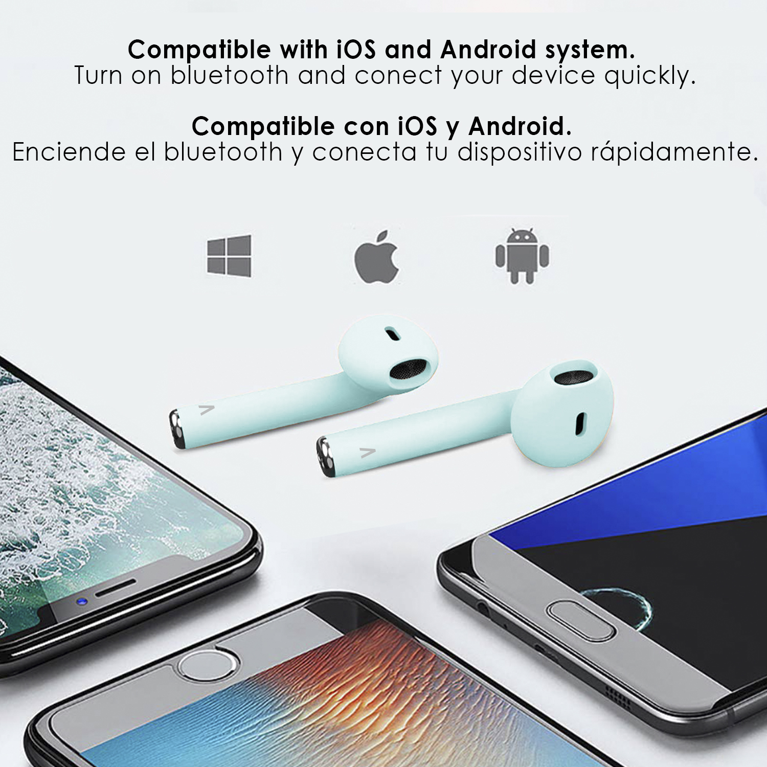 Zwei hellblaue Ohrhörer und Telefon-Icons mit Text zur iOS- und Android-Kompatibilität.