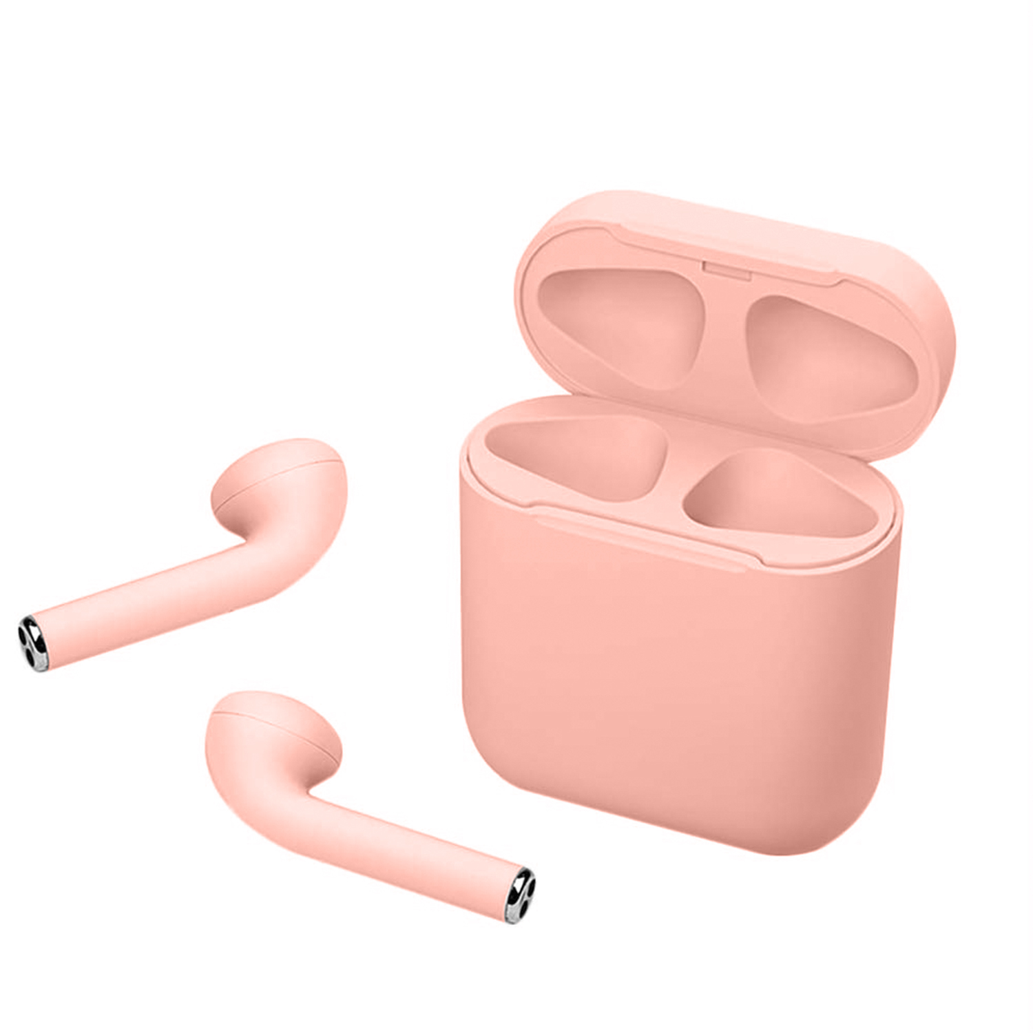 Due auricolari rosa e una custodia di ricarica rosa su una superficie bianca. Gli auricolari sono wireless.