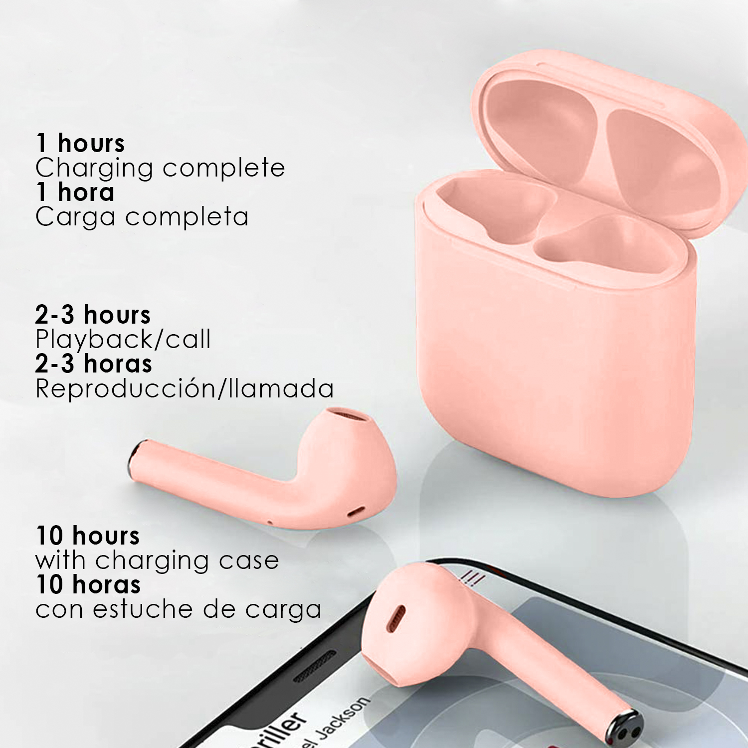 Auricolari wireless rosa con custodia di ricarica e un telefono.
