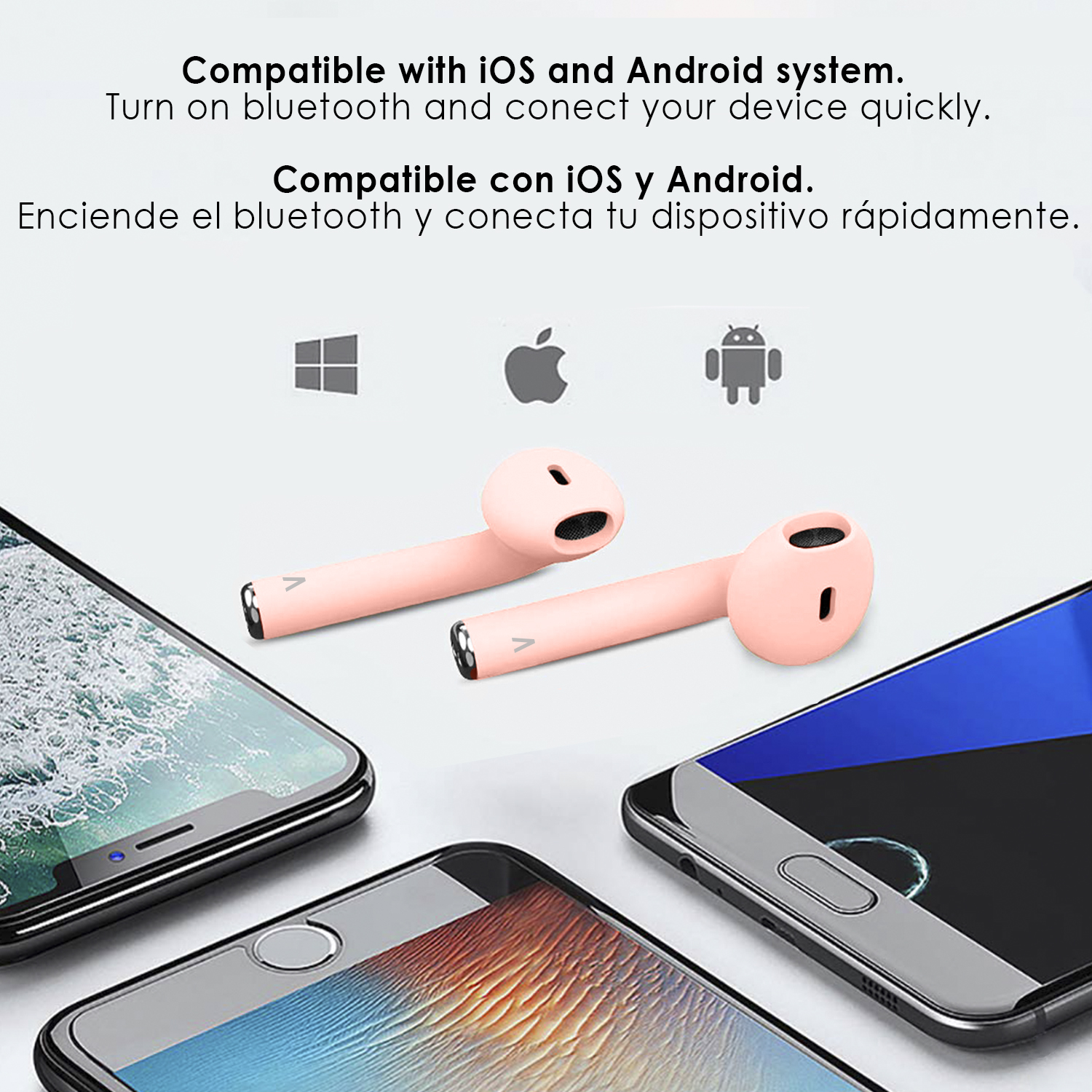 Auricolari wireless rosa e telefoni su una superficie.