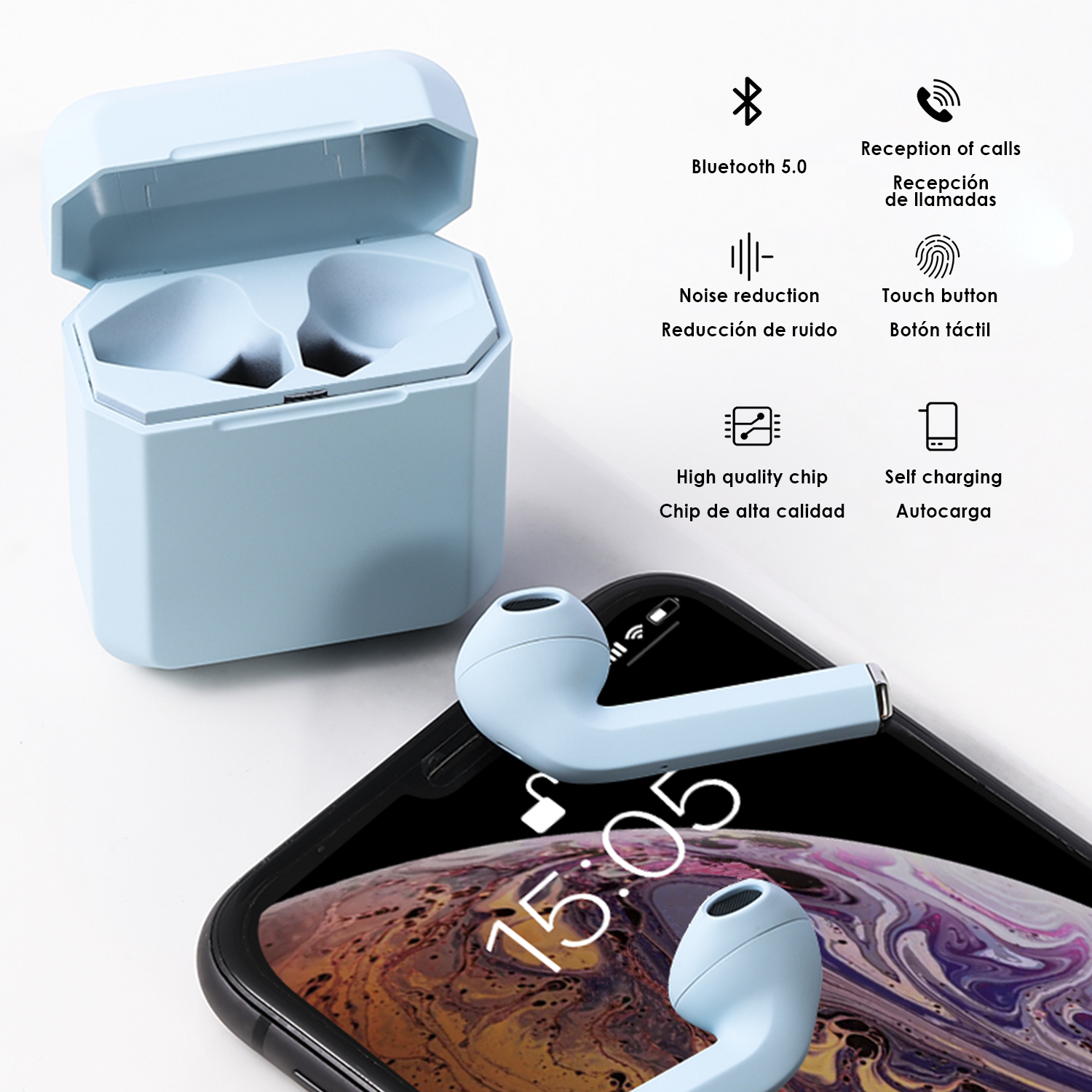 Hellblaue Ohrhörer und Ladecase. Verfügt über Bluetooth 5.0, Anrufannahme, Geräuschunterdrückung und Touch-Taste.