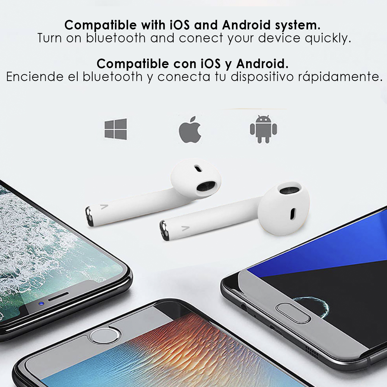 Ohrhörer mit iOS- und Android-Kompatibilität. Telefone mit Symbolen und Text werden gezeigt.