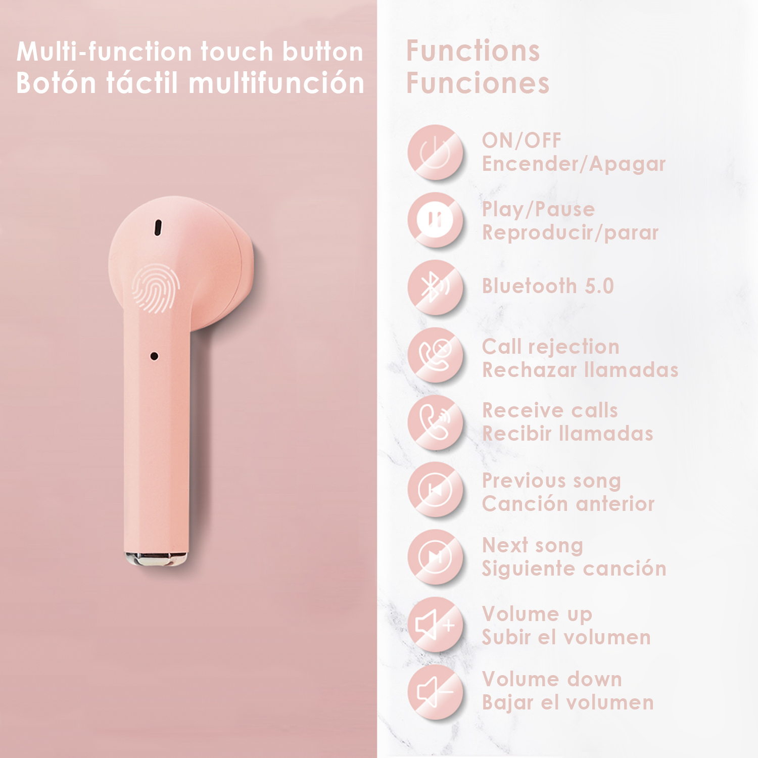 Auricolare rosa con funzioni. Le funzioni includono: on/off, riproduci/pausa, rifiuta chiamate e alza/abbassa il volume.