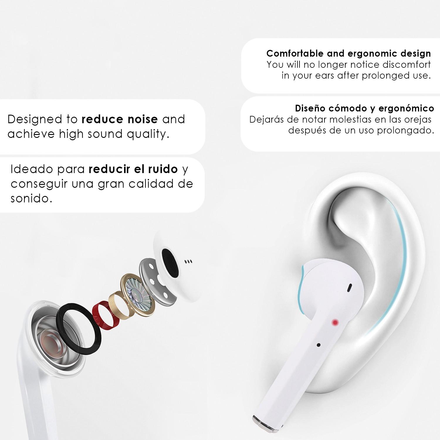 Auriculares inalámbricos blancos. Vista detallada muestra los componentes internos. Una oreja blanca junto a ellos.
