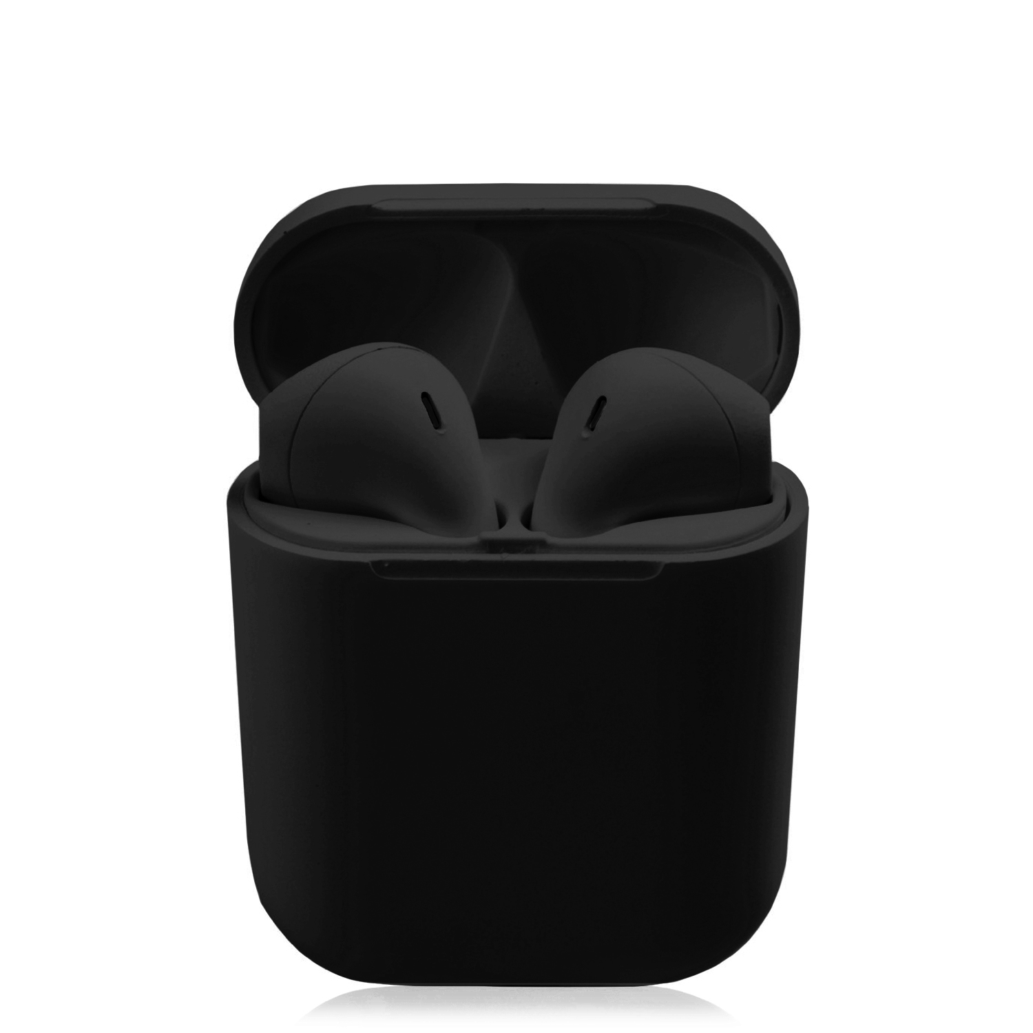 Auriculares inalámbricos negros en una caja de carga negra. La caja está abierta, mostrando los auriculares.