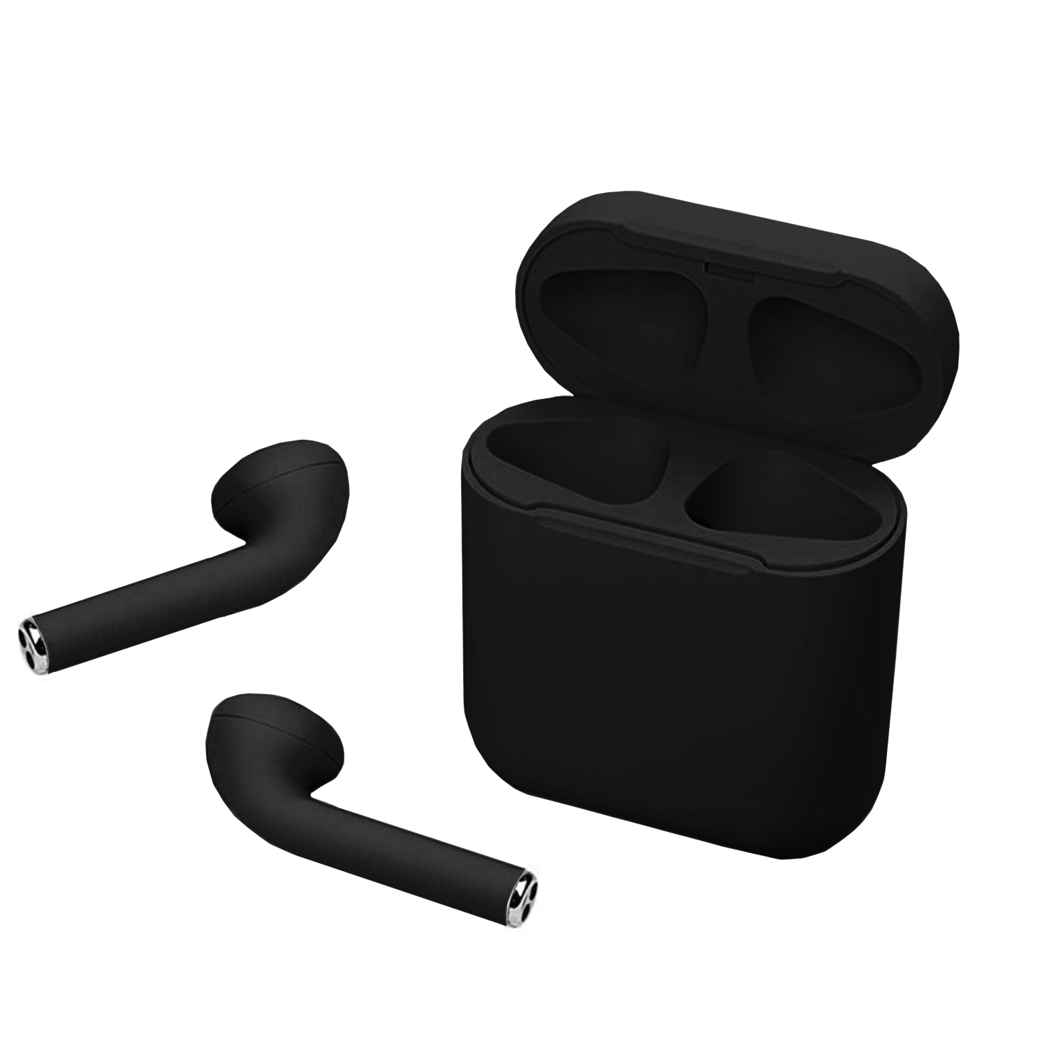 Auriculares negros fuera de un estuche de carga negro. El estuche está abierto, fondo blanco.