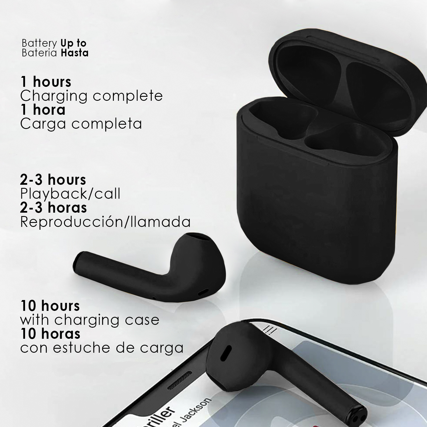 Auriculares negros, estuche de carga y un teléfono que muestra una interfaz de aplicación de música, con texto sobre la carga.