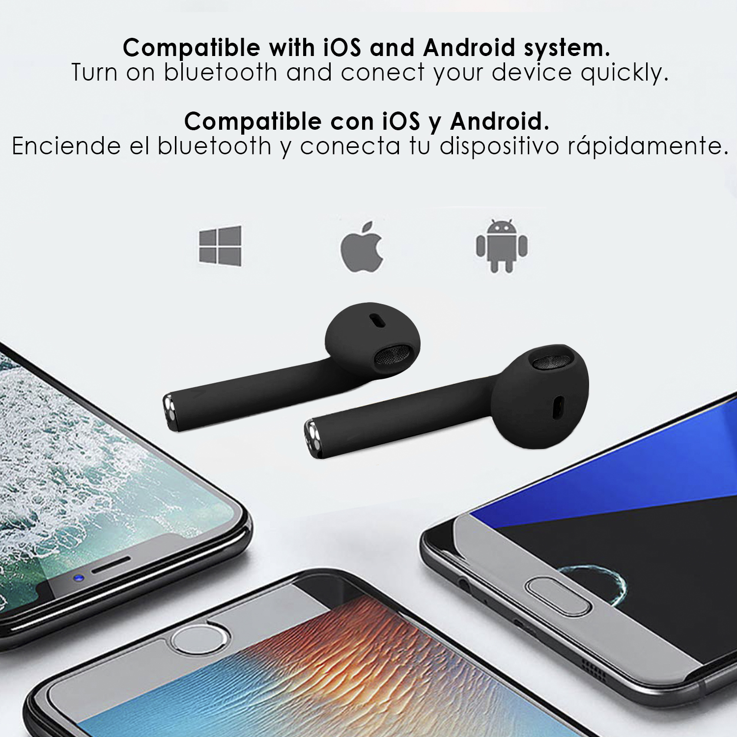 Auriculares negros con estuche de carga junto a teléfonos. El texto dice compatible con sistemas iOS y Android.