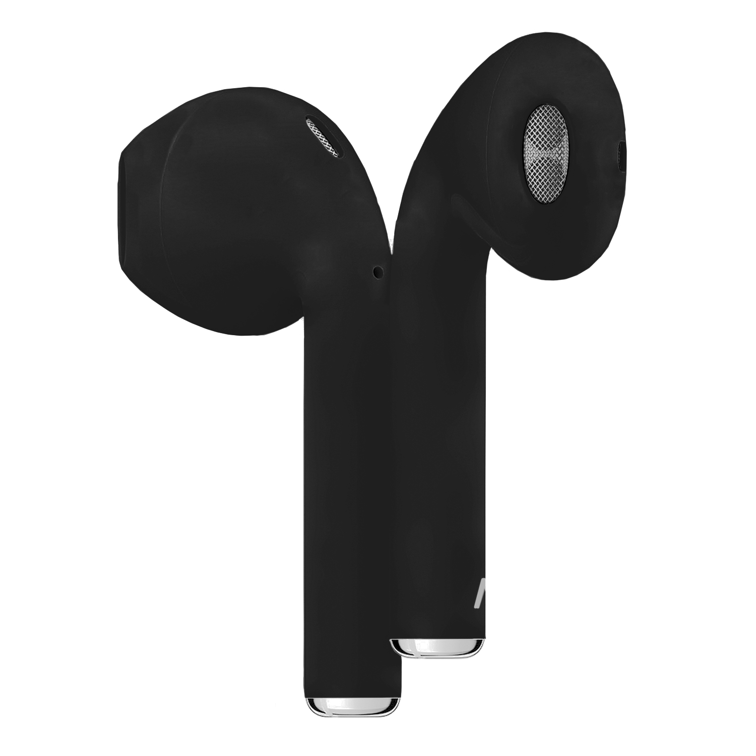 Dos auriculares negros. Cada uno tiene una forma redondeada con una base plateada.