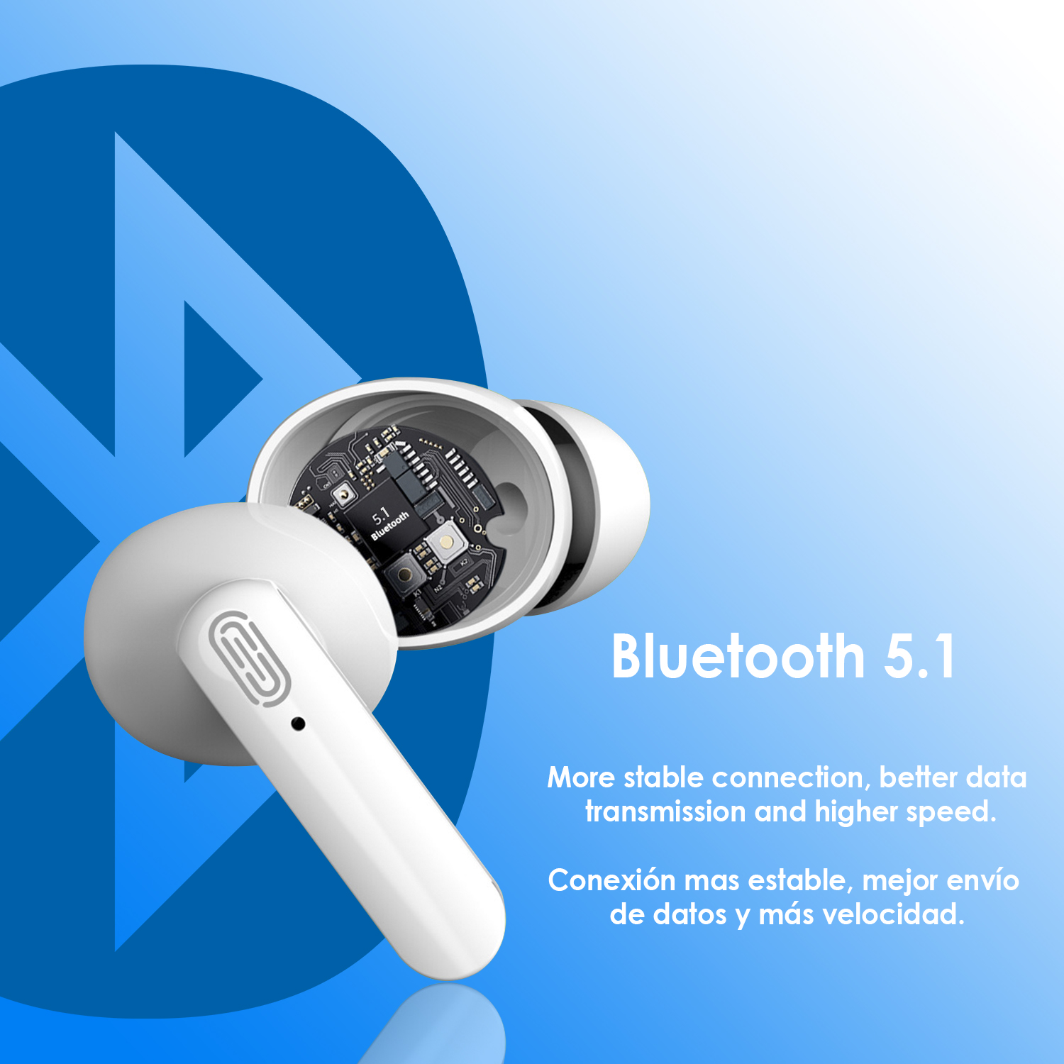 Weißer Ohrhörer mit Ausschnitt, der die inneren Komponenten und ein Bluetooth-Logo zeigt.