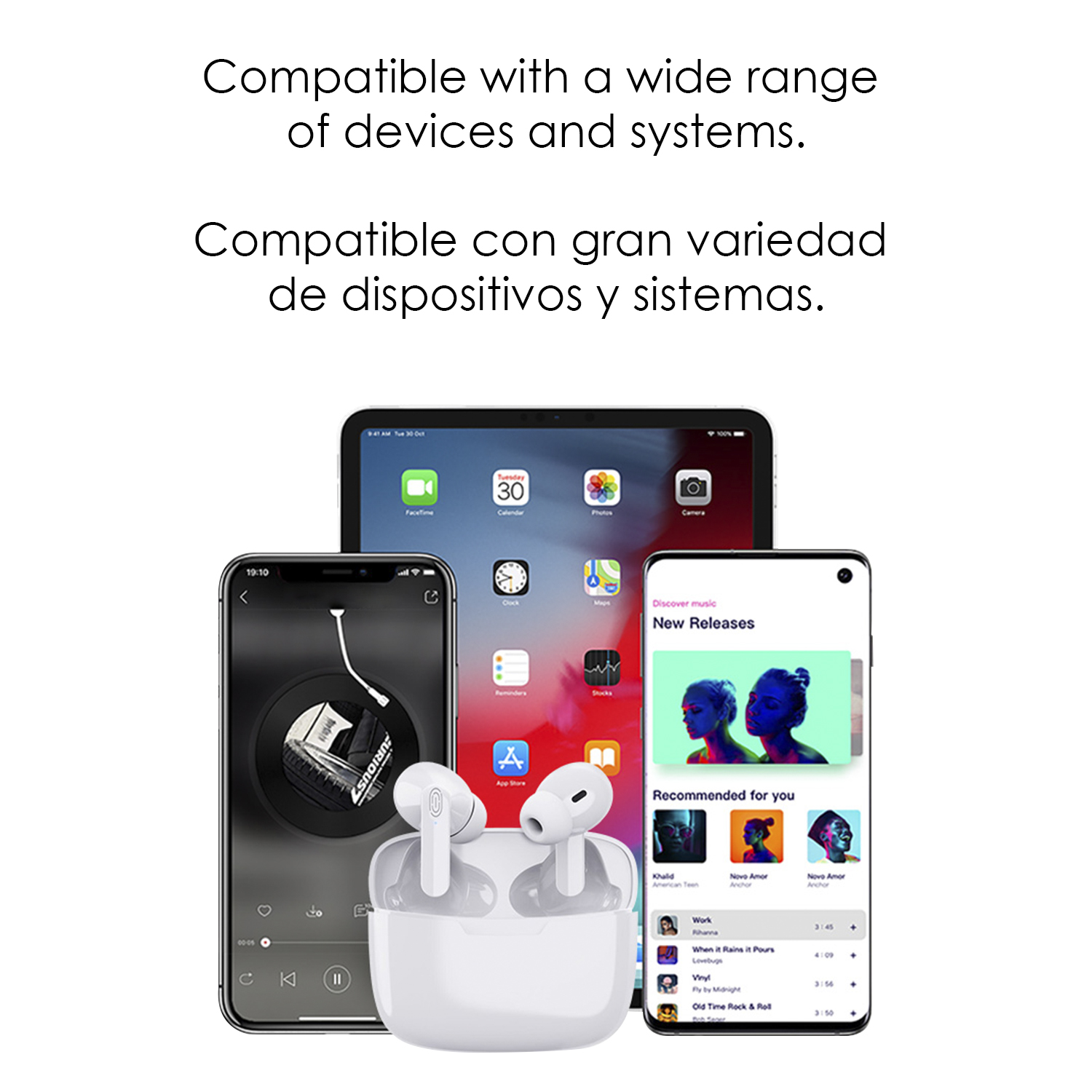 Ohrhörer und Ladeetui zwischen Telefon, Tablet und einem weiteren Telefon mit Musik-Apps auf dem Bildschirm.