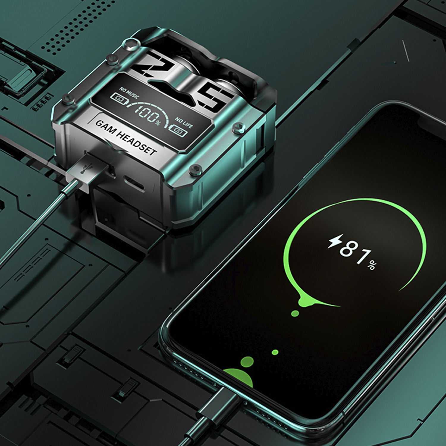 Un teléfono cargando con un estuche de carga 'GAM HEADSET'. El teléfono muestra 81% de carga y el estuche 100%.
