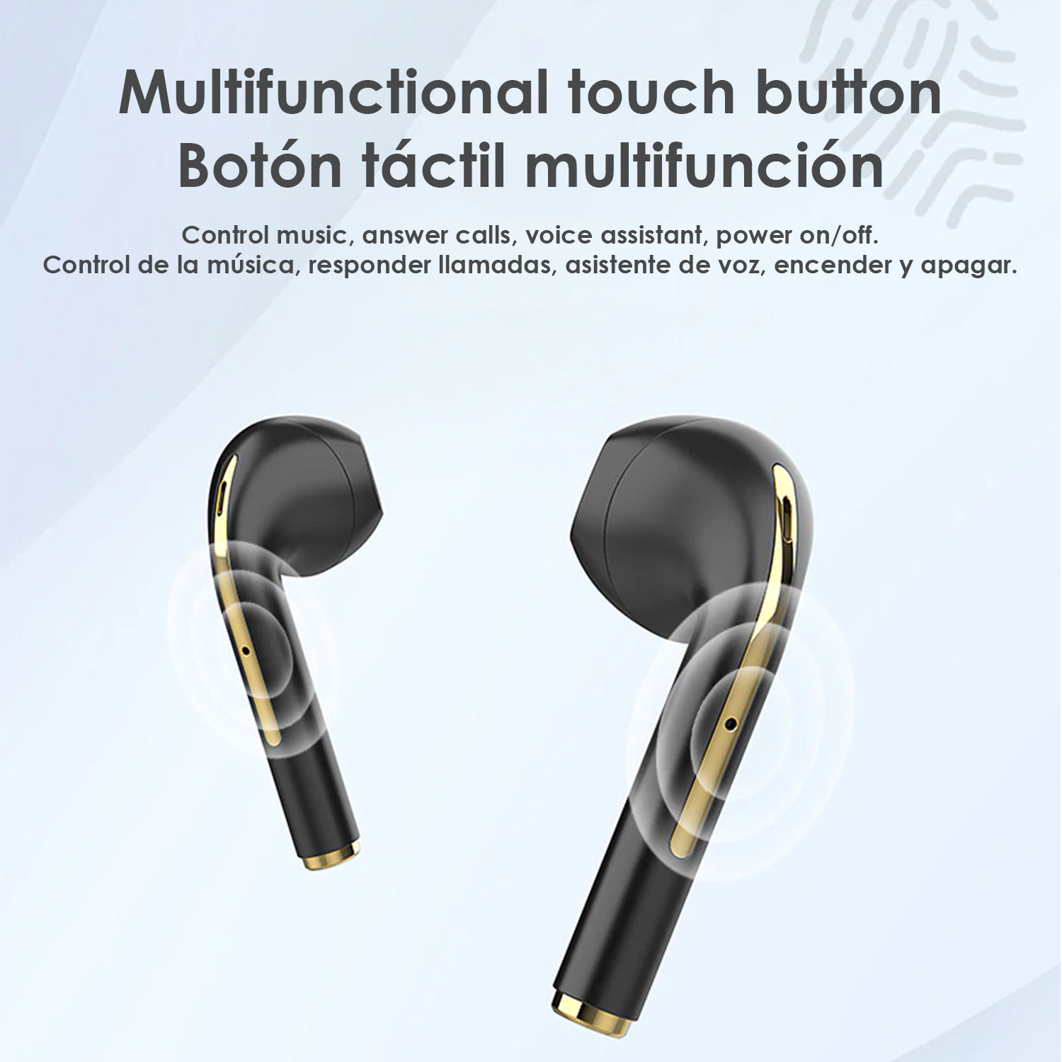 Zwei schwarze Ohrhörer mit goldenen Akzenten. Text: Multifunktionale Touch-Taste. Musik steuern, Anrufe annehmen usw.