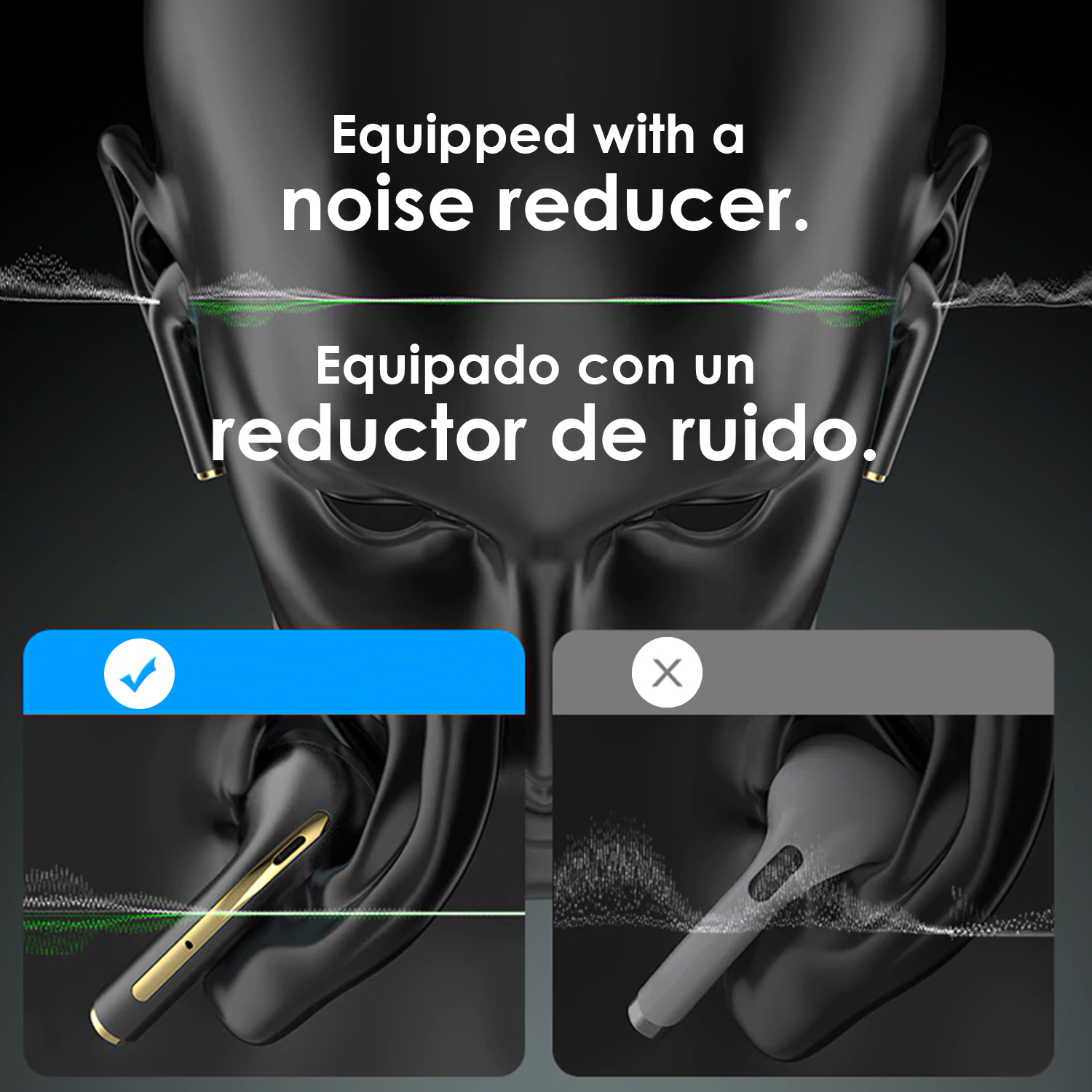 Kopf-Silhouette mit Noise-Reduction-Vergleich. Goldener Ohrhörer mit Häkchen, grauer Ohrhörer mit X.