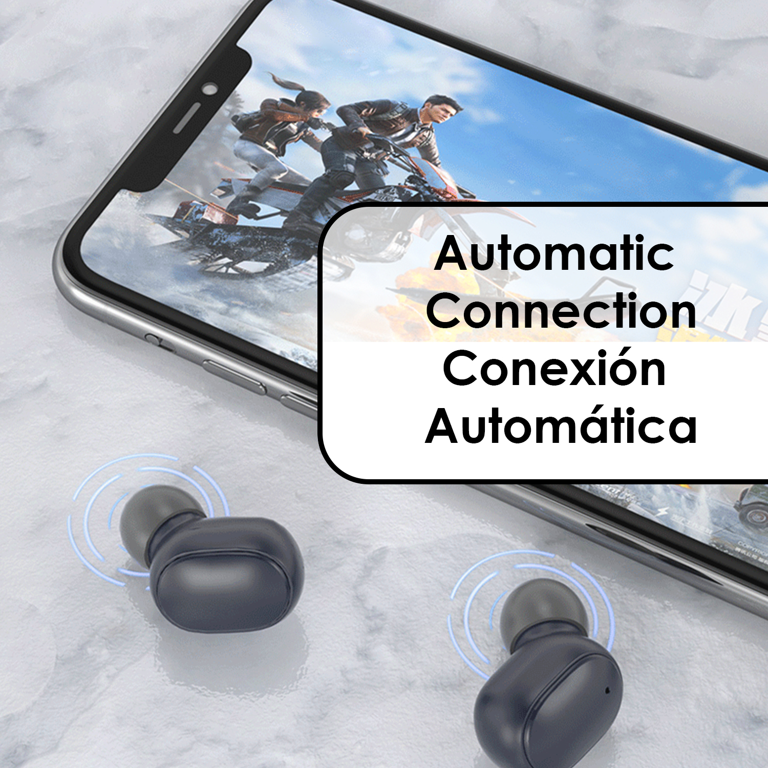 Auricolari wireless neri vicino a smartphone, display mostra un gioco. Testo: Connessione automatica.
