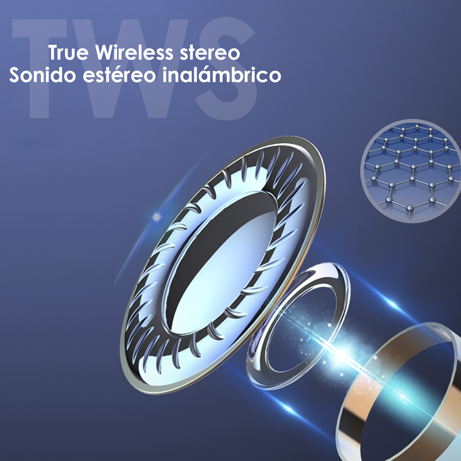 Due auricolari in-ear, con un grafico che mostra le onde sonore. Testo: True Wireless stereo.