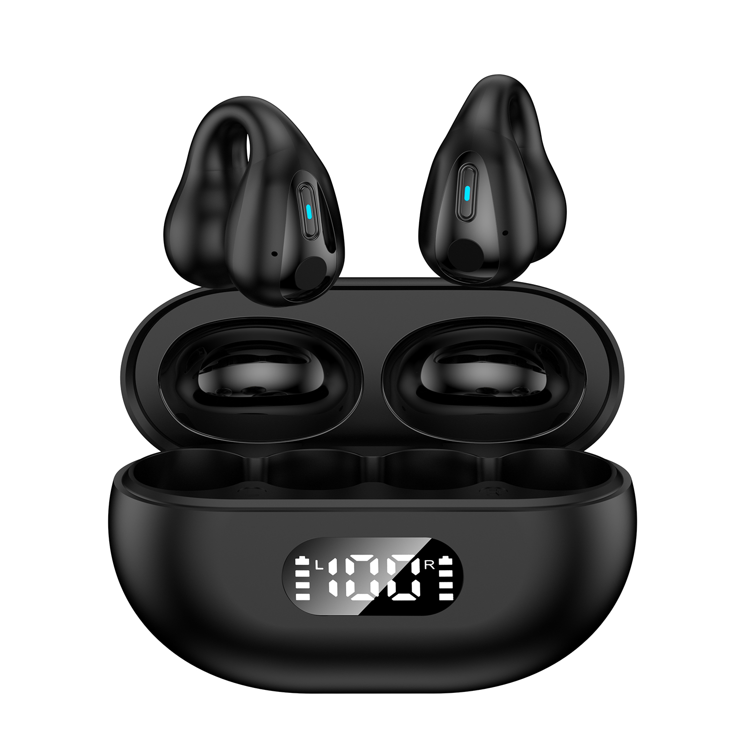 Auricolari wireless neri con custodia di ricarica con display digitale.