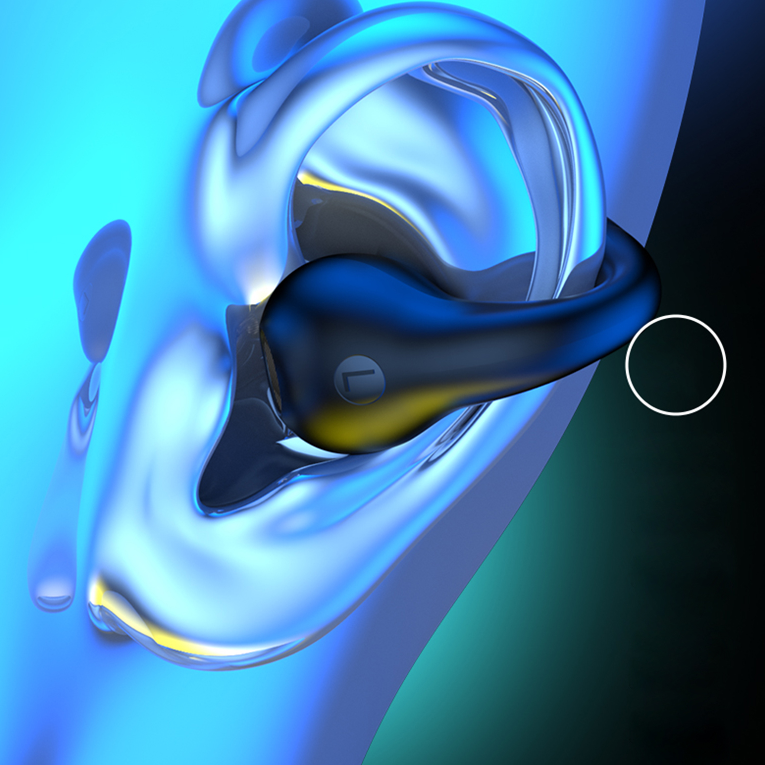 Design astratto di auricolari, tonalità nere e blu, rendering artistico dell'orecchio e dell'auricolare.