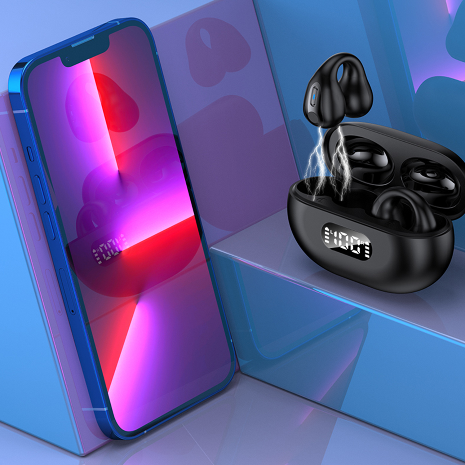 Auricolari neri nella custodia di ricarica e uno smartphone. Fulmini sopra gli auricolari. Il telefono ha uno schermo rosso.