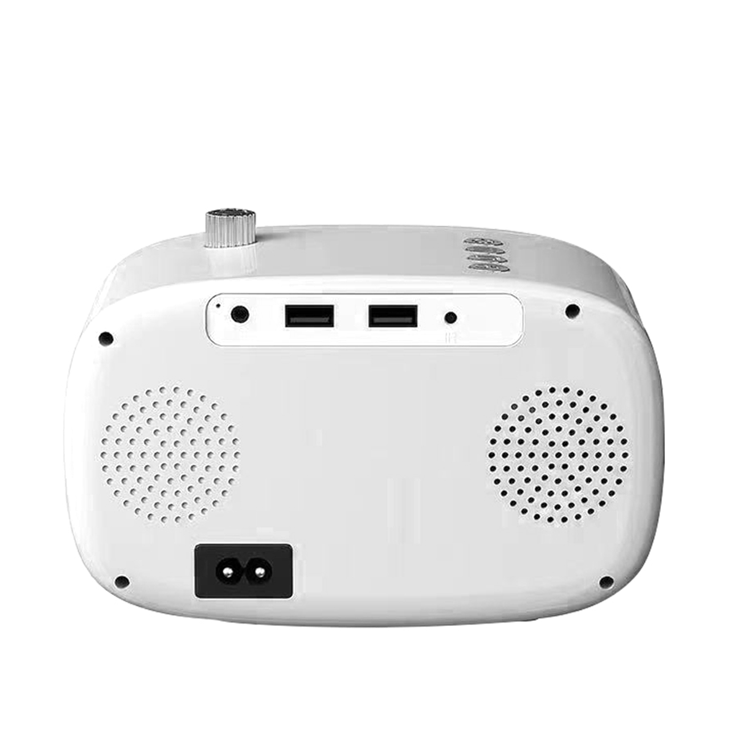 Altavoz blanco con puertos USB, enchufe y orificios para altavoces, sobre fondo blanco.