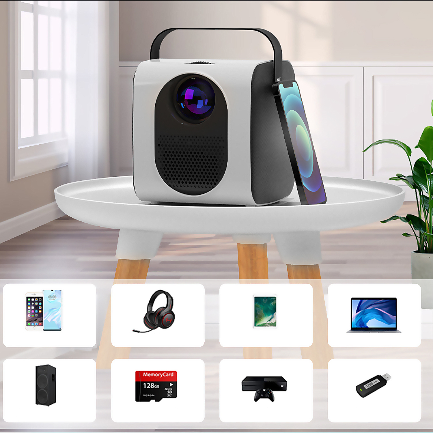 Un proiettore bianco con sopra un telefono. Altri dispositivi in primo piano: un altoparlante, cuffie e un laptop.