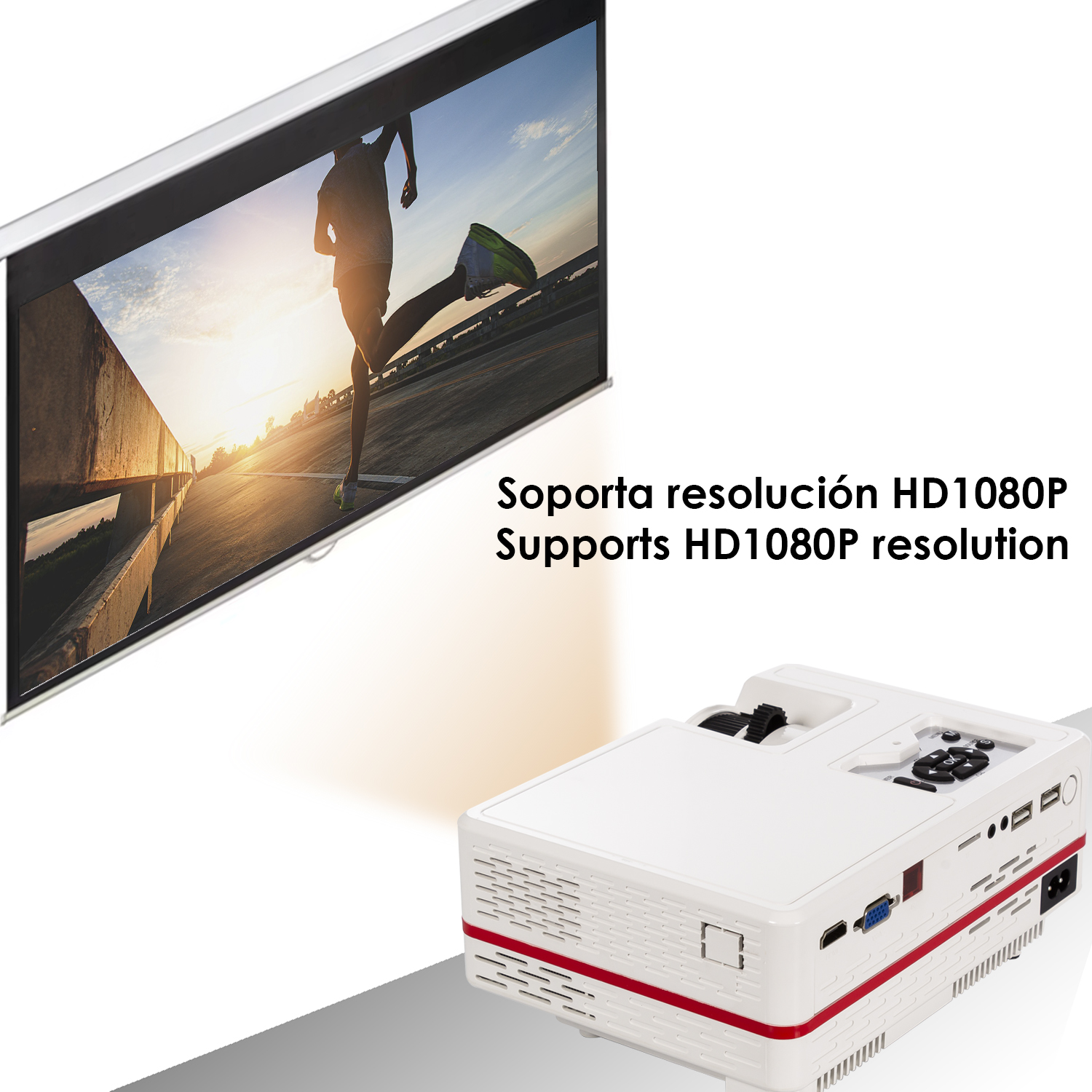 Proiettore bianco e rosso che proietta un video su uno schermo. Supporta la risoluzione HD1080P.