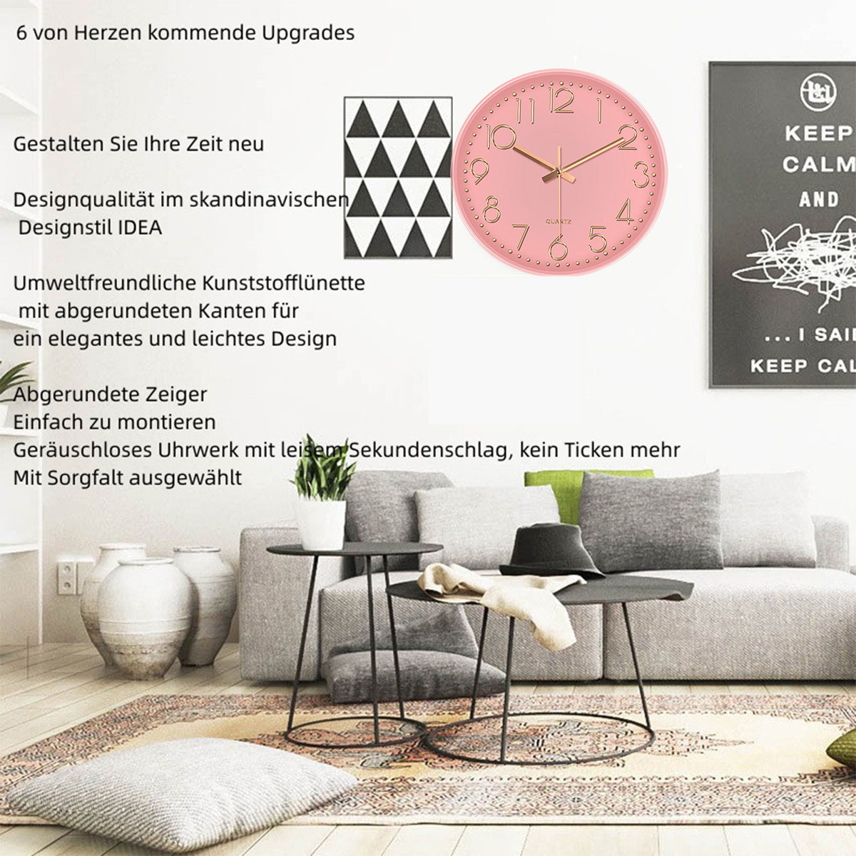 Rosafarbene Uhr an einer Wand mit Sofa und Dekoration. Verschiedene Designdetails und Upgrades sind aufgelistet.