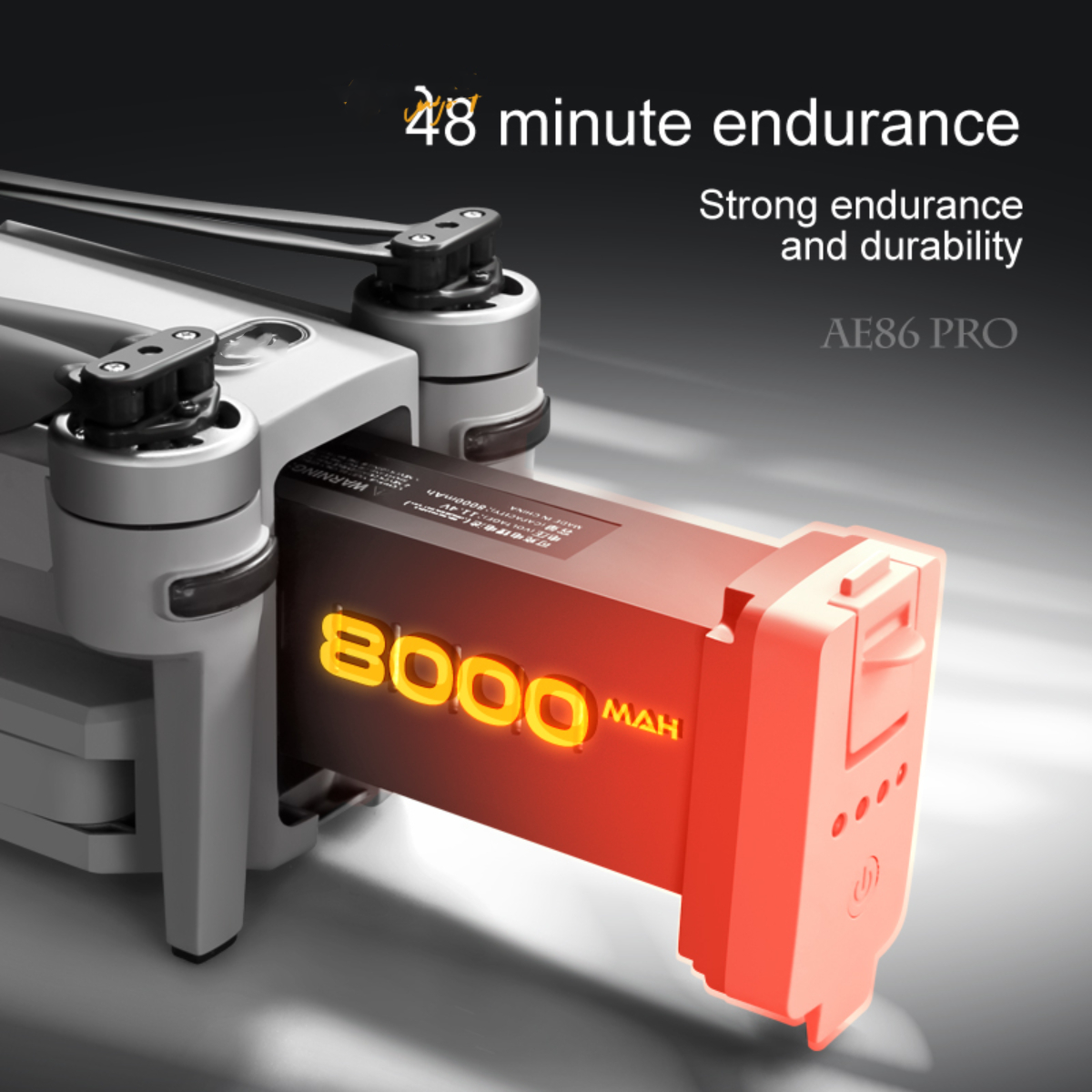 Drohnenbatterie mit 8000 mAh Kapazität. Text zeigt 48 Minuten Ausdauer und hohe Haltbarkeit.