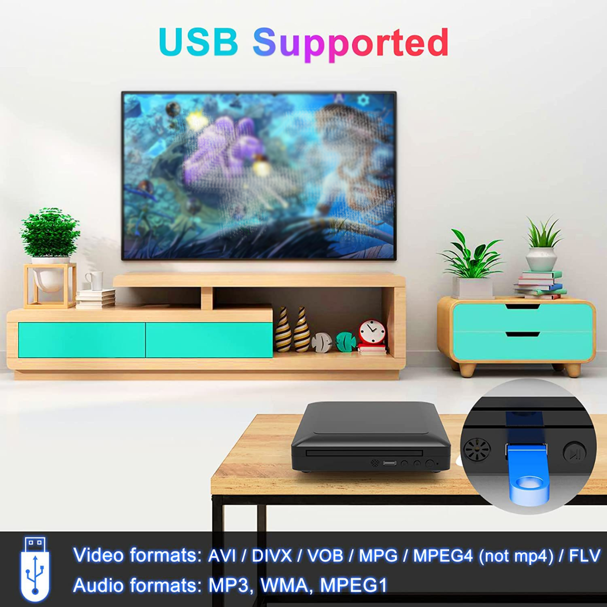Un reproductor multimedia negro conectado a un televisor. El televisor muestra una escena submarina.