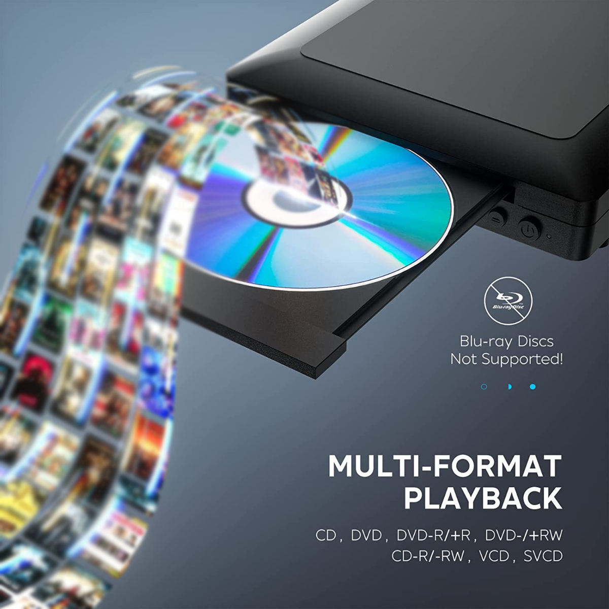 Un reproductor de DVD con un disco saliendo y texto sobre reproducción multiformato.