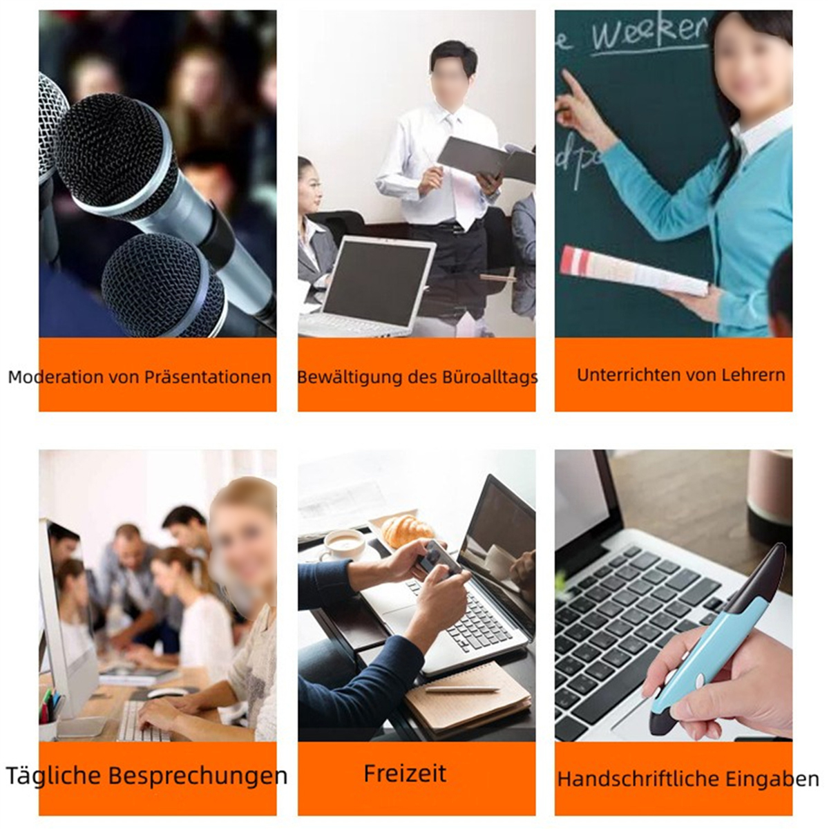Sechs Bilder, die Menschen zeigen, die Technologie in verschiedenen Umgebungen nutzen.