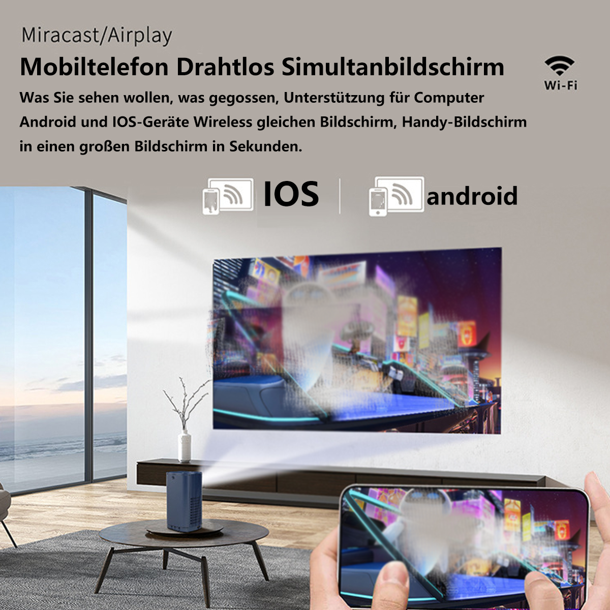 Persona usando un proyector para mostrar una imagen del teléfono en una pared; 'iOS' y 'Android'.