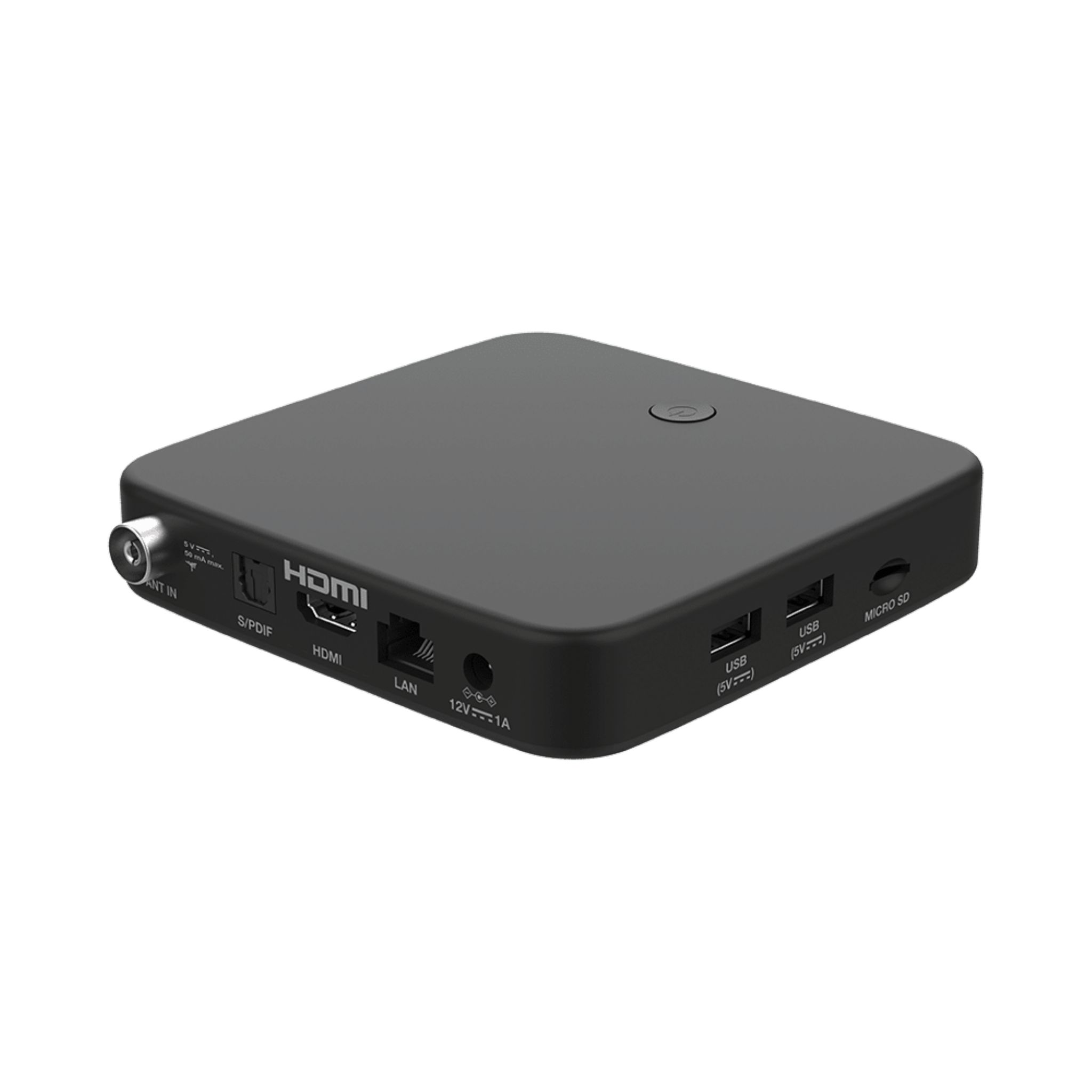 Dispositivo cuadrado negro con múltiples puertos, incluyendo HDMI, USB y micro SD.
