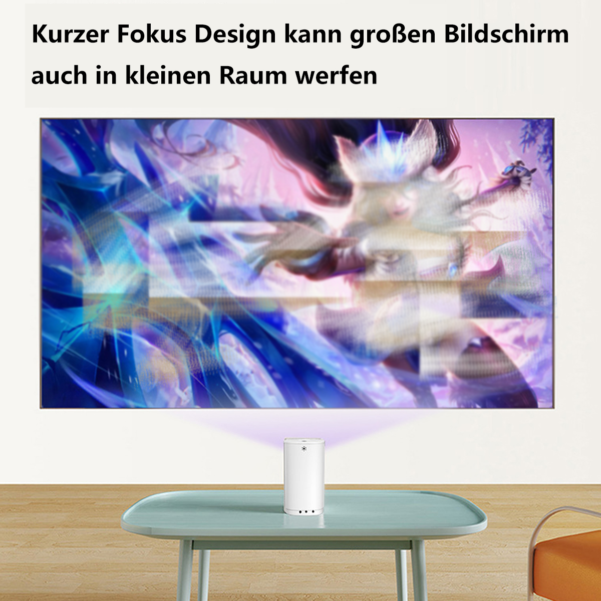 Un proyector blanco proyectando una imagen en una pared con texto.