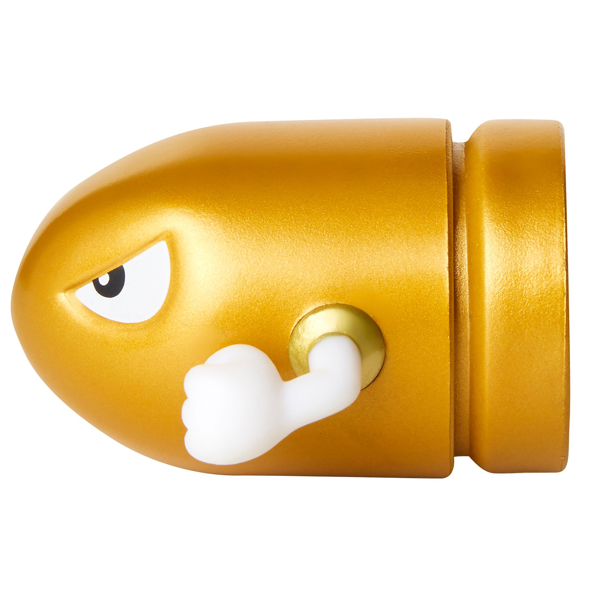 Goldene Cartoon-Kugel mit Gesicht und weißem Arm.