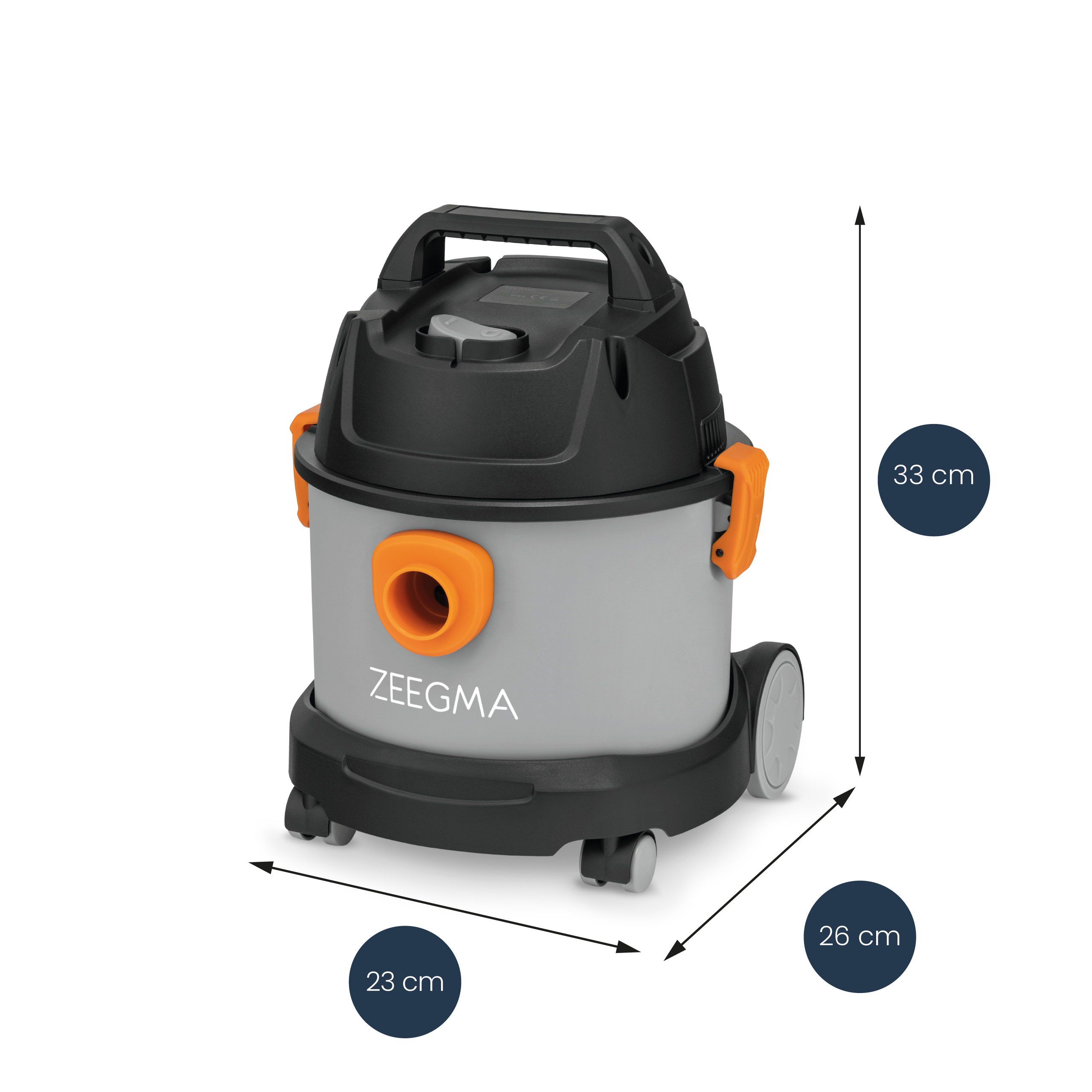 Ein Zeegma Staubsauger. Es ist grau, mit schwarzem Deckel und orangefarbenen Akzenten. Abmessungen sind beschriftet.