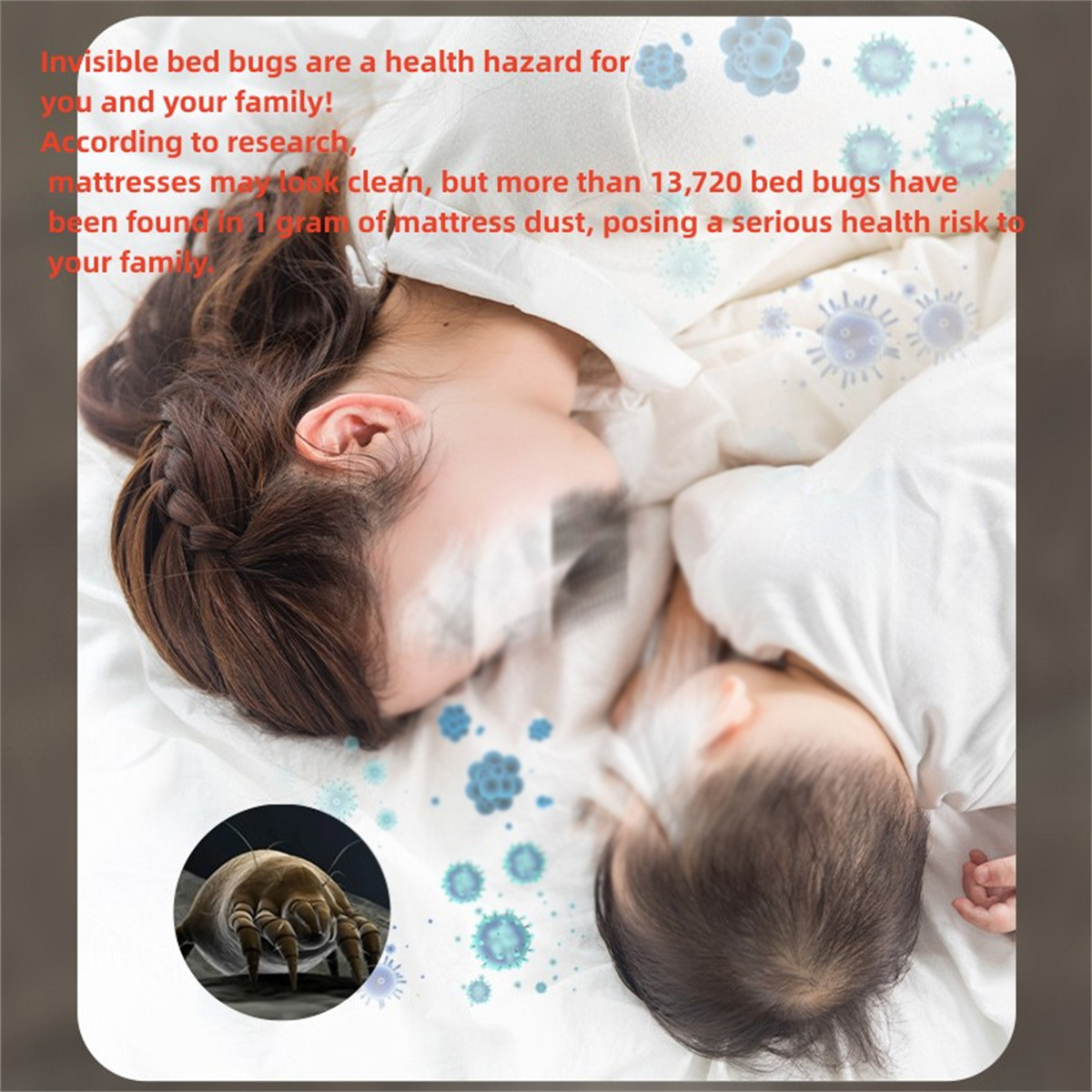 Mutter und Baby schlafen im Bett. Text warnt vor Bettwanzen und deren Gesundheitsrisiken.