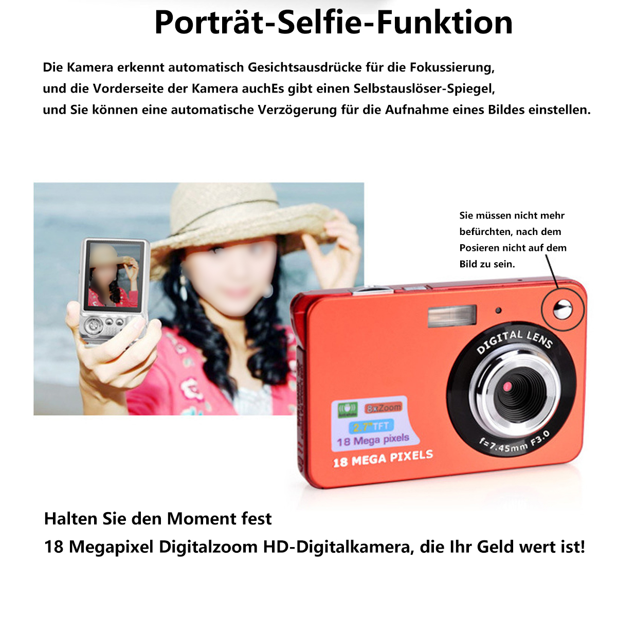Cámara digital naranja con mujer sosteniendo pantalla pequeña con foto. Texto sobre funciones y píxeles.