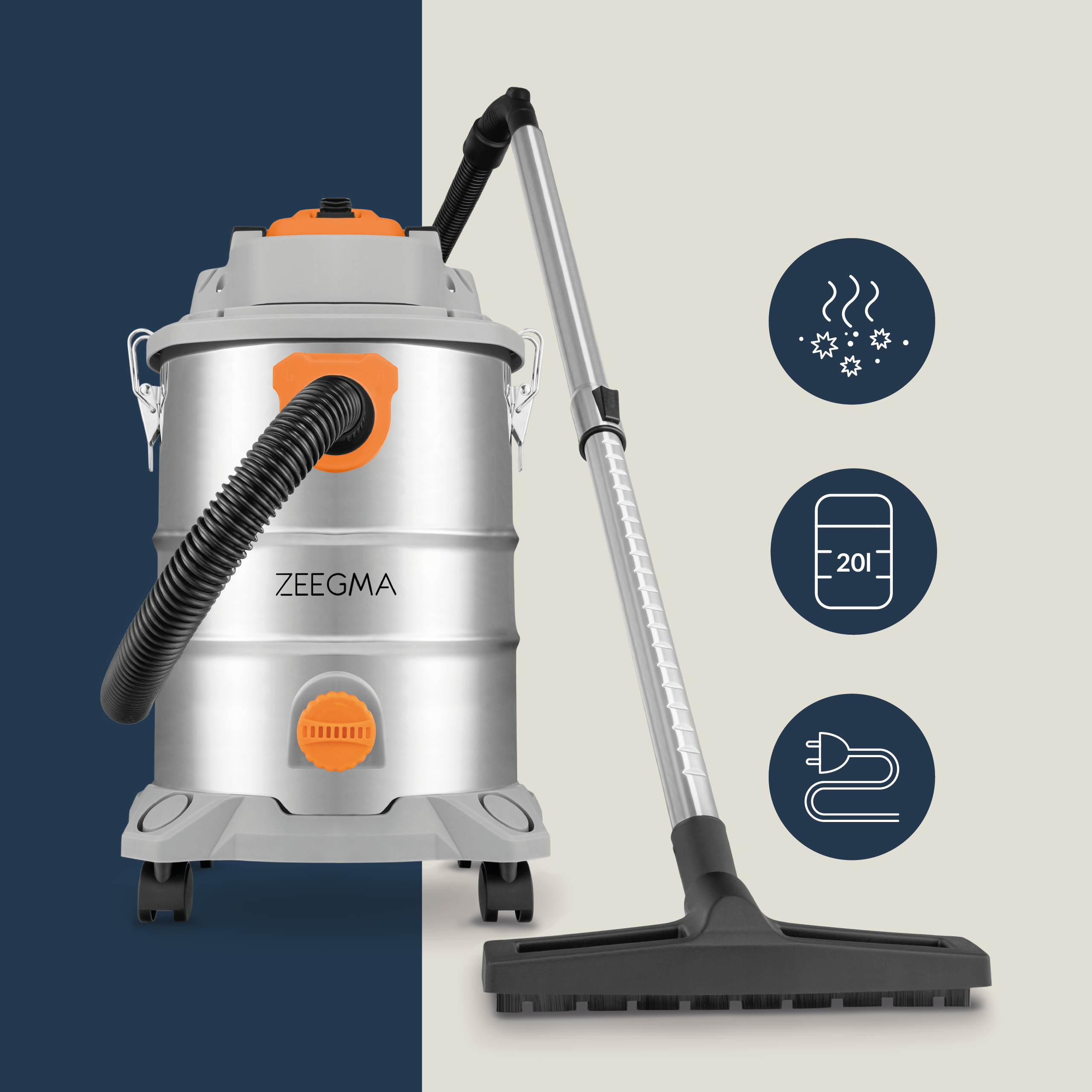 Srebrny i pomarańczowy odkurzacz z wężem i akcesoriami. Ikony pokazują kurz, wodę i wtyczkę.