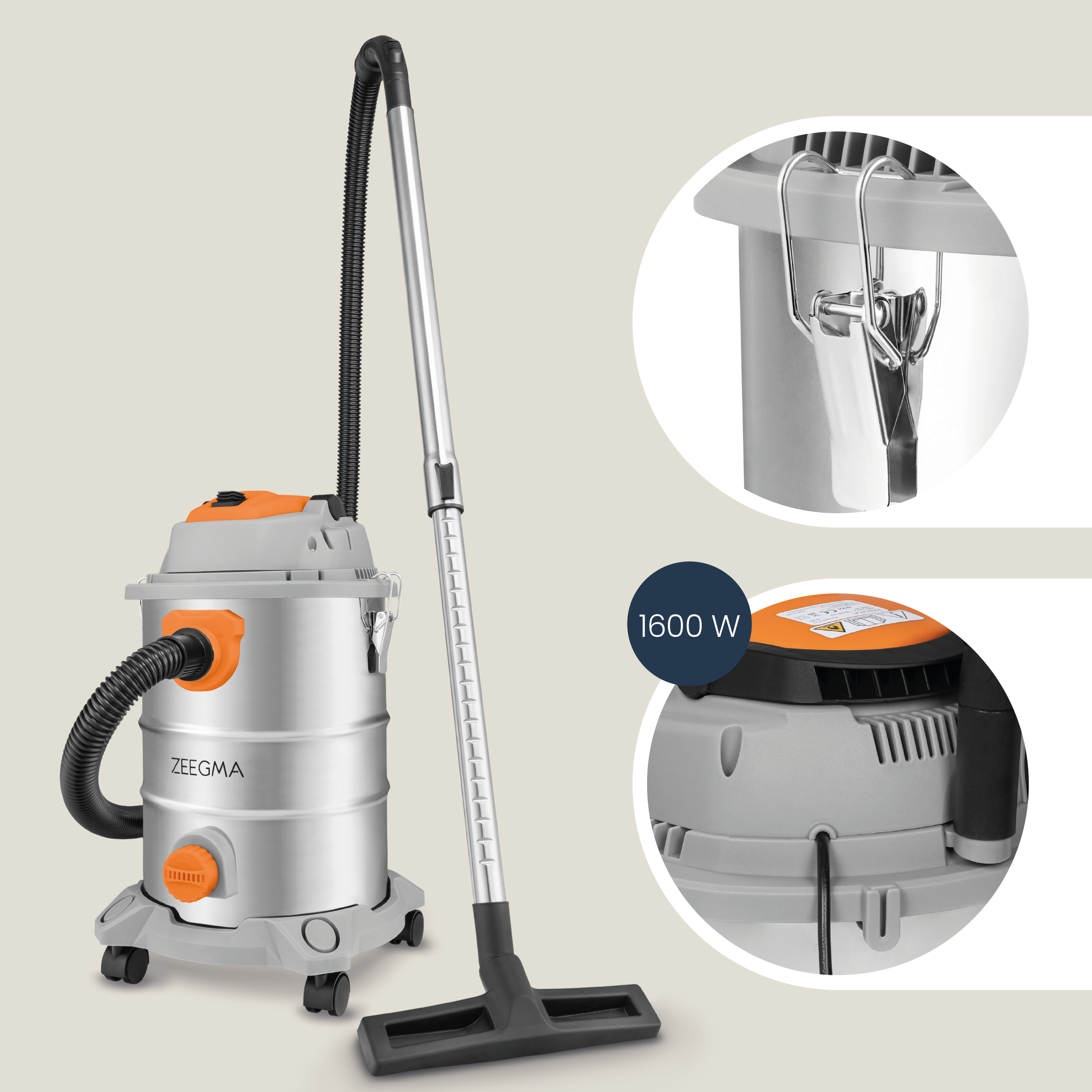 Srebrny i pomarańczowy odkurzacz z długim wężem i szczegółowym widokiem na górę i tył.