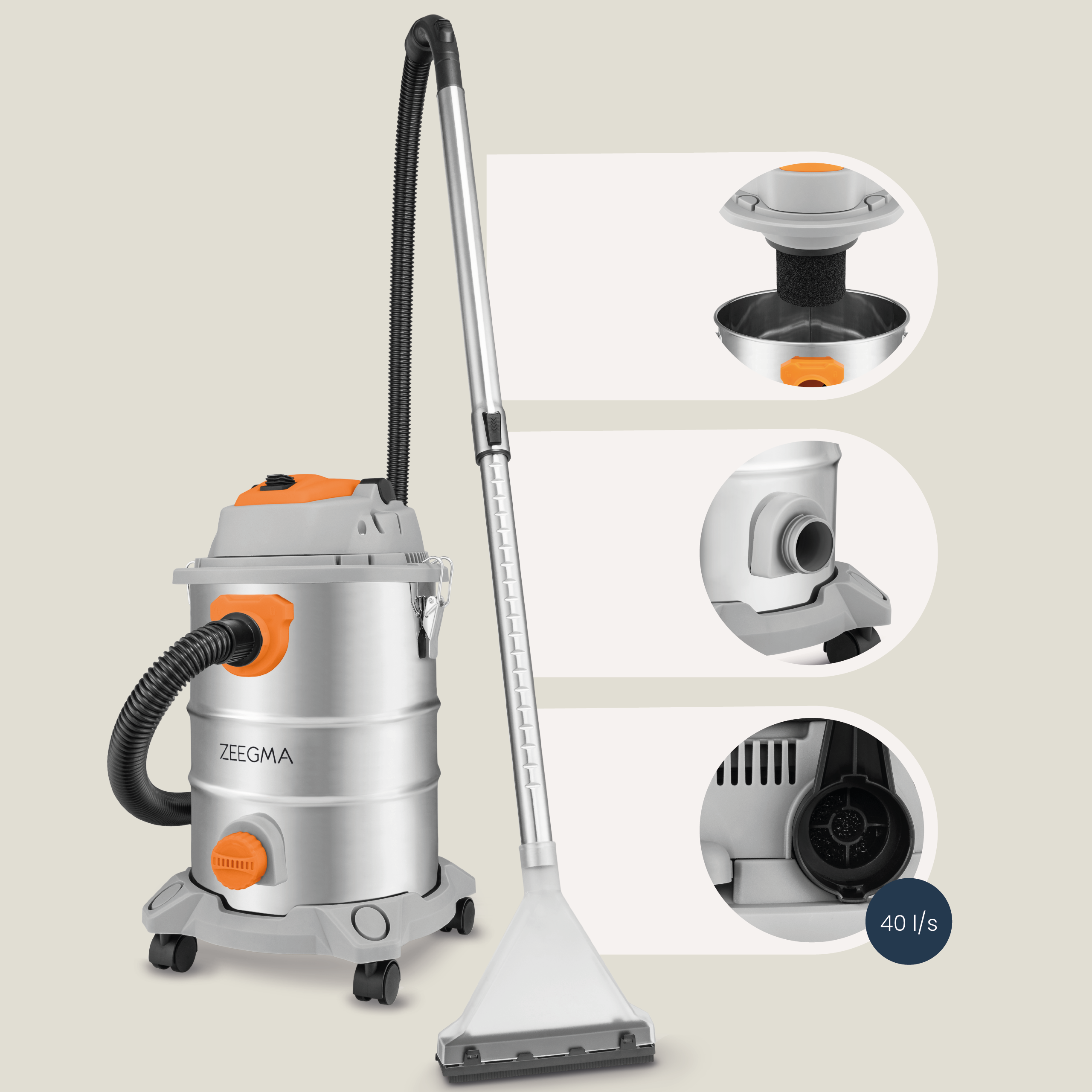 Srebrny odkurzacz z szarą górą i pomarańczowymi akcentami, ze szczegółowymi komponentami.