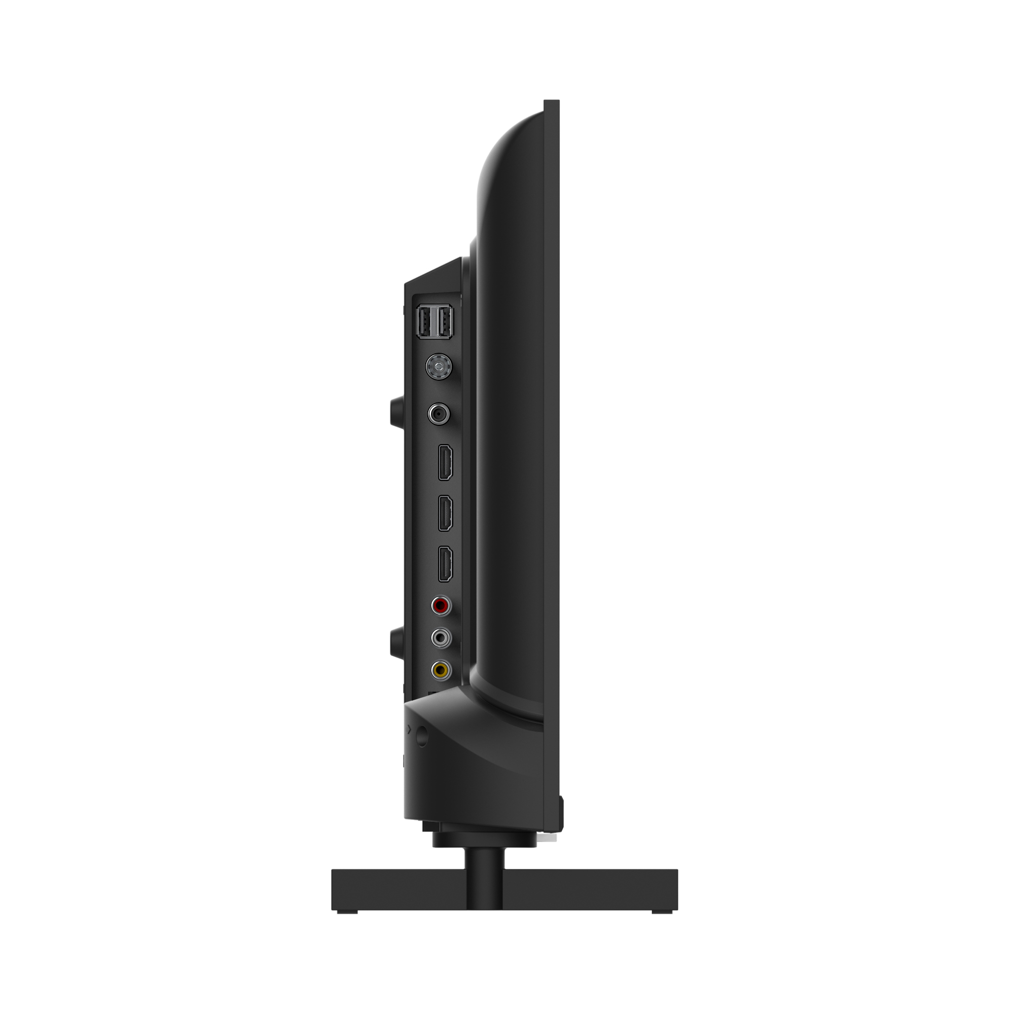 Vista lateral de un televisor negro. Tiene puertos en el lateral y un soporte negro. La pantalla está apagada.