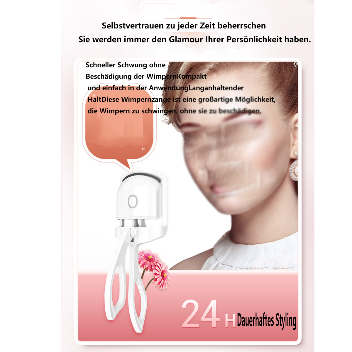 Eine Frau mit verschwommenem Gesicht und einer Wimpernzange. Der Text lautet: 24 Stunden dauerhaftes Styling.