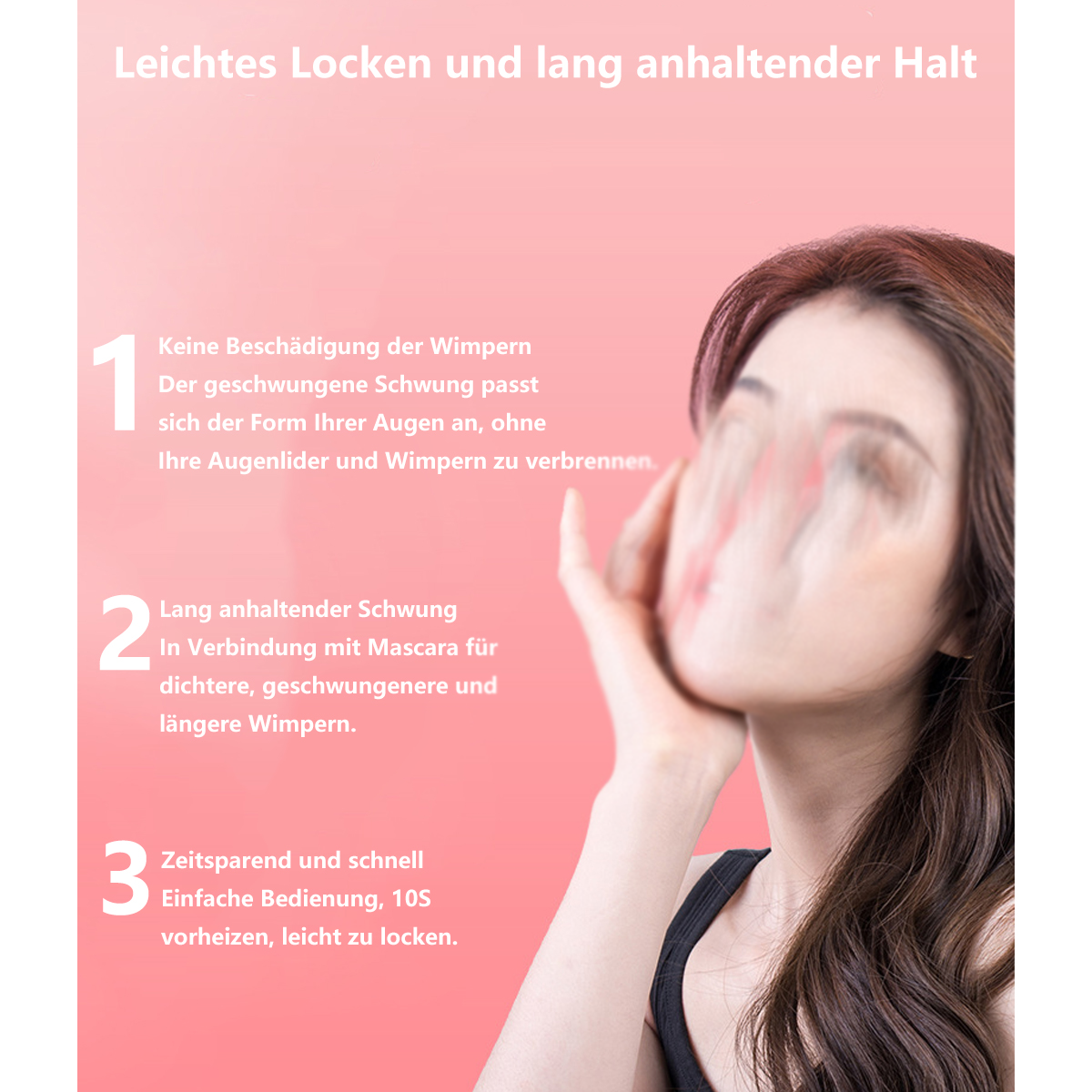 Frau mit verschwommenen Augen, benutzt einen Lockenstab. Text auf Deutsch, Vorteile des Produkts.