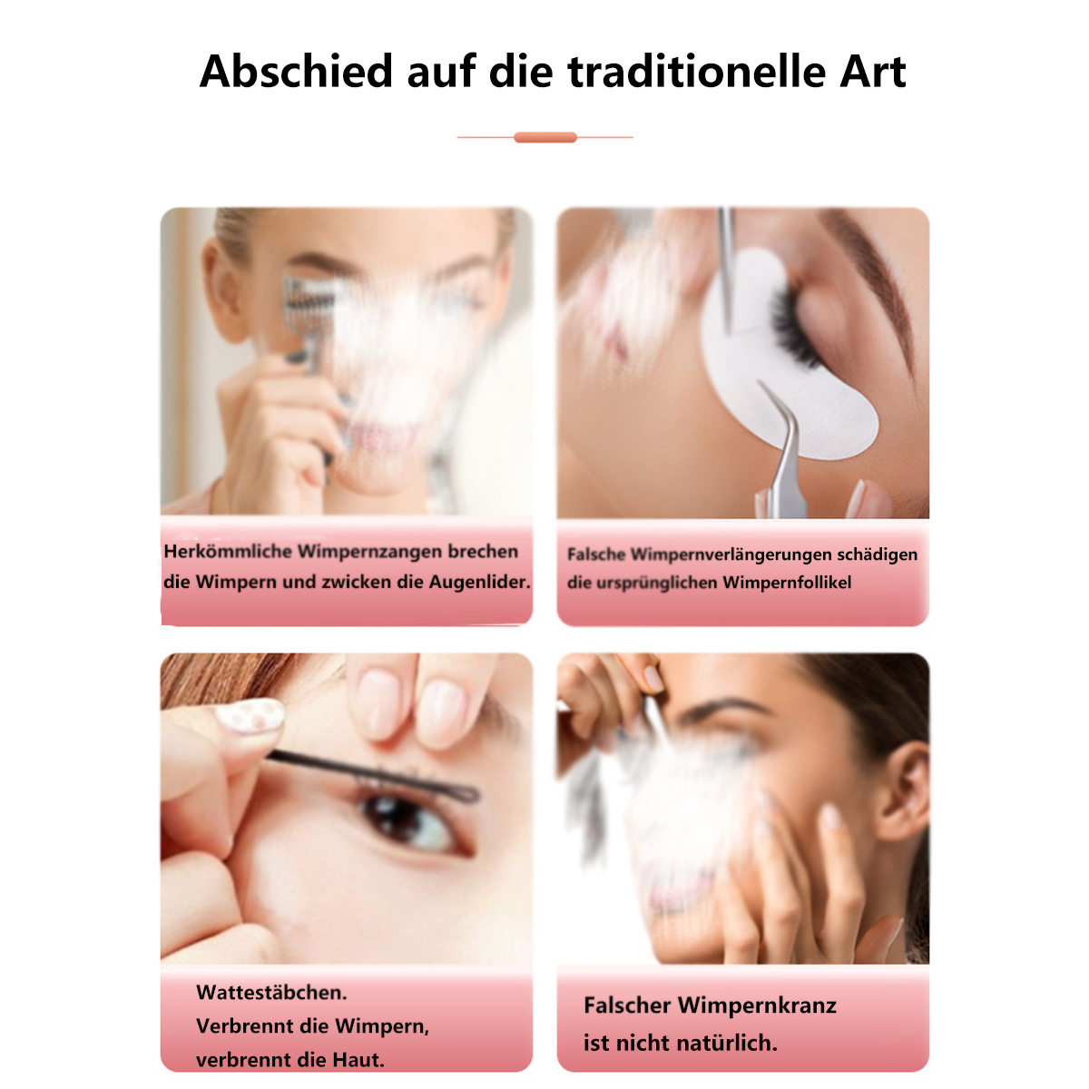 Bilder zur Wimpernpflege: Werkzeuge, falsche Wimpern, potenzielle Schäden.