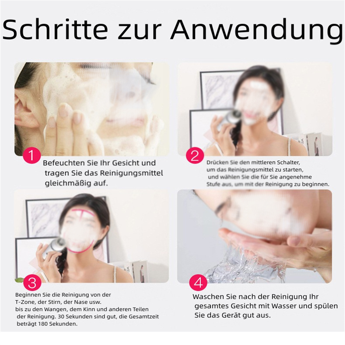 Vier Bilder, die Schritte der Gesichtsreinigung mit einem Schönheitsgerät zeigen.