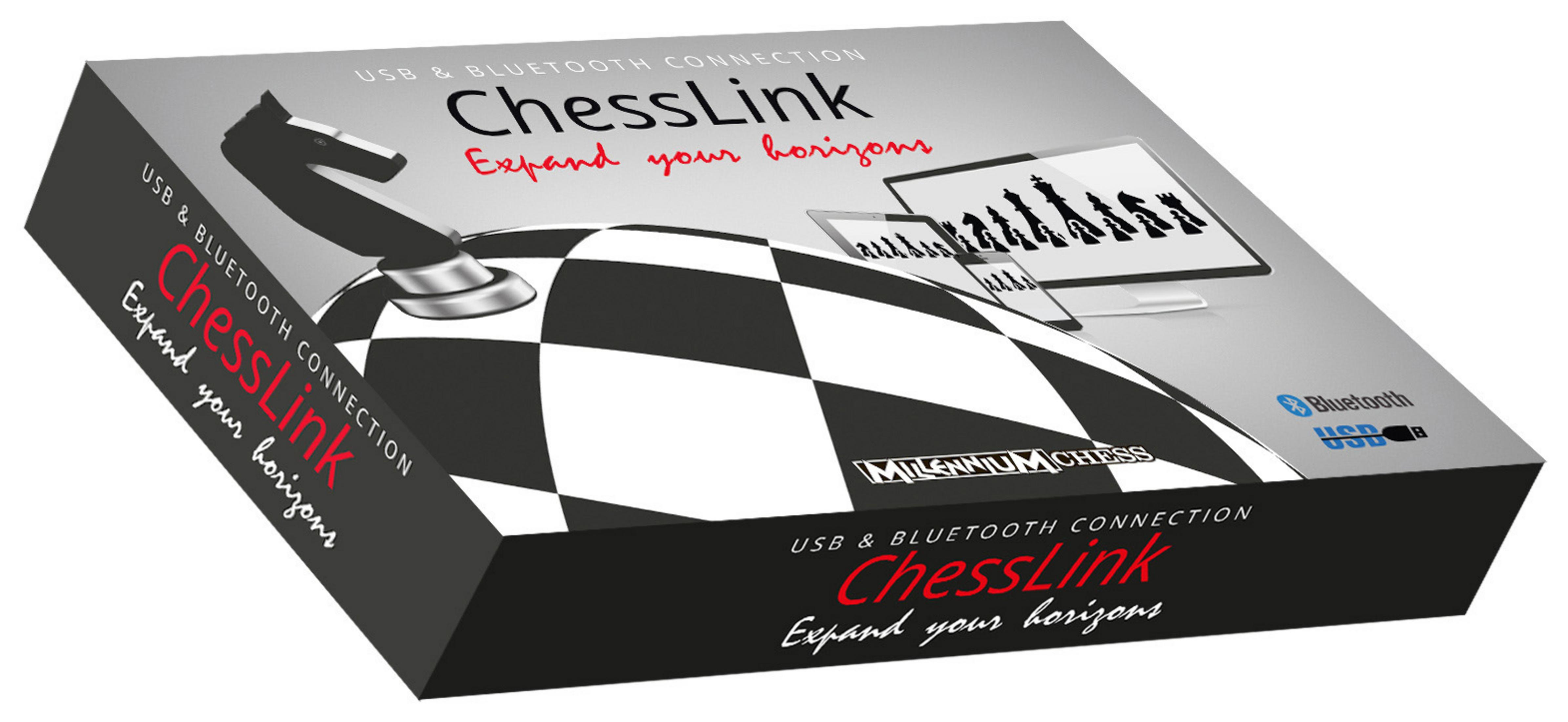 Boîte ChessLink avec échiquier et écran. Pièces d'échecs et texte autour.
