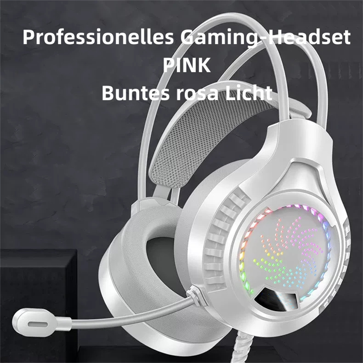 Weißes und graues Gaming-Headset mit Mikrofon, rosa Licht auf den Ohrmuscheln.