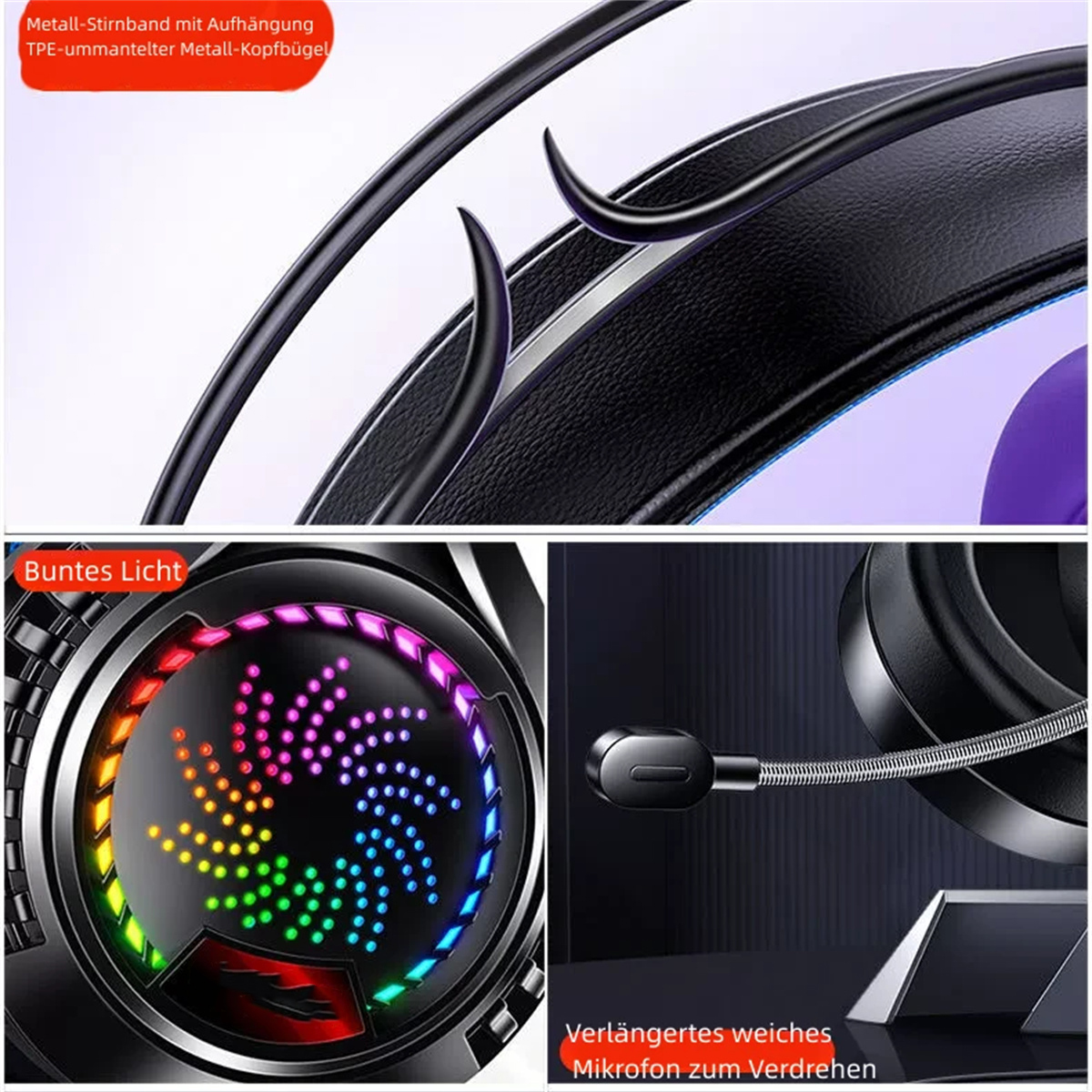 Nahaufnahme des Headsets: Schwarz, glänzend, mit farbigen Lichtakzenten. Mit flexiblem Mikrofon.